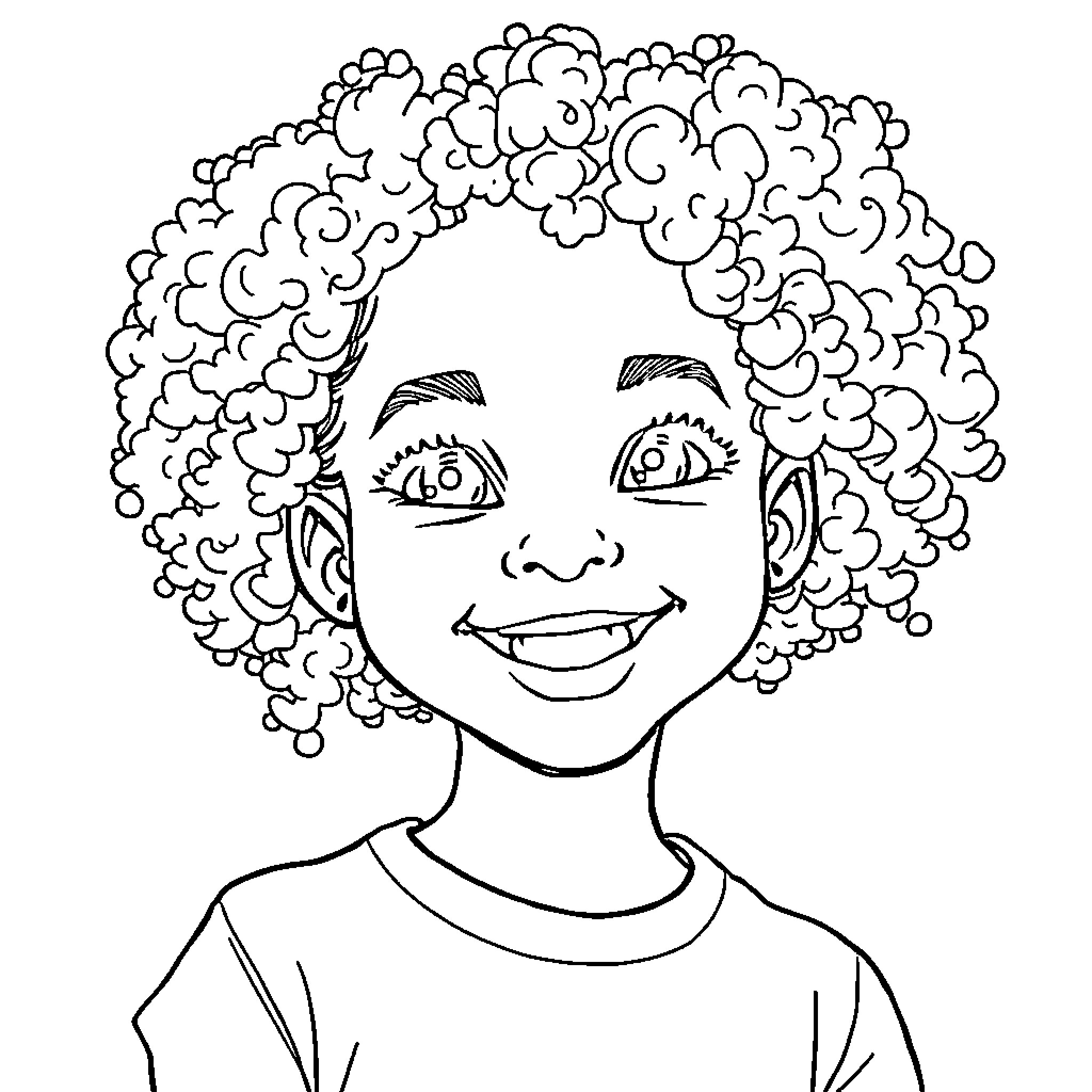 Girl with Curly Hair and Cheerful Expression Coloring Page (free black-and-white line drawing printable PDF for all, from beginners to advanced learners, including children, teens, adults, and seniors)