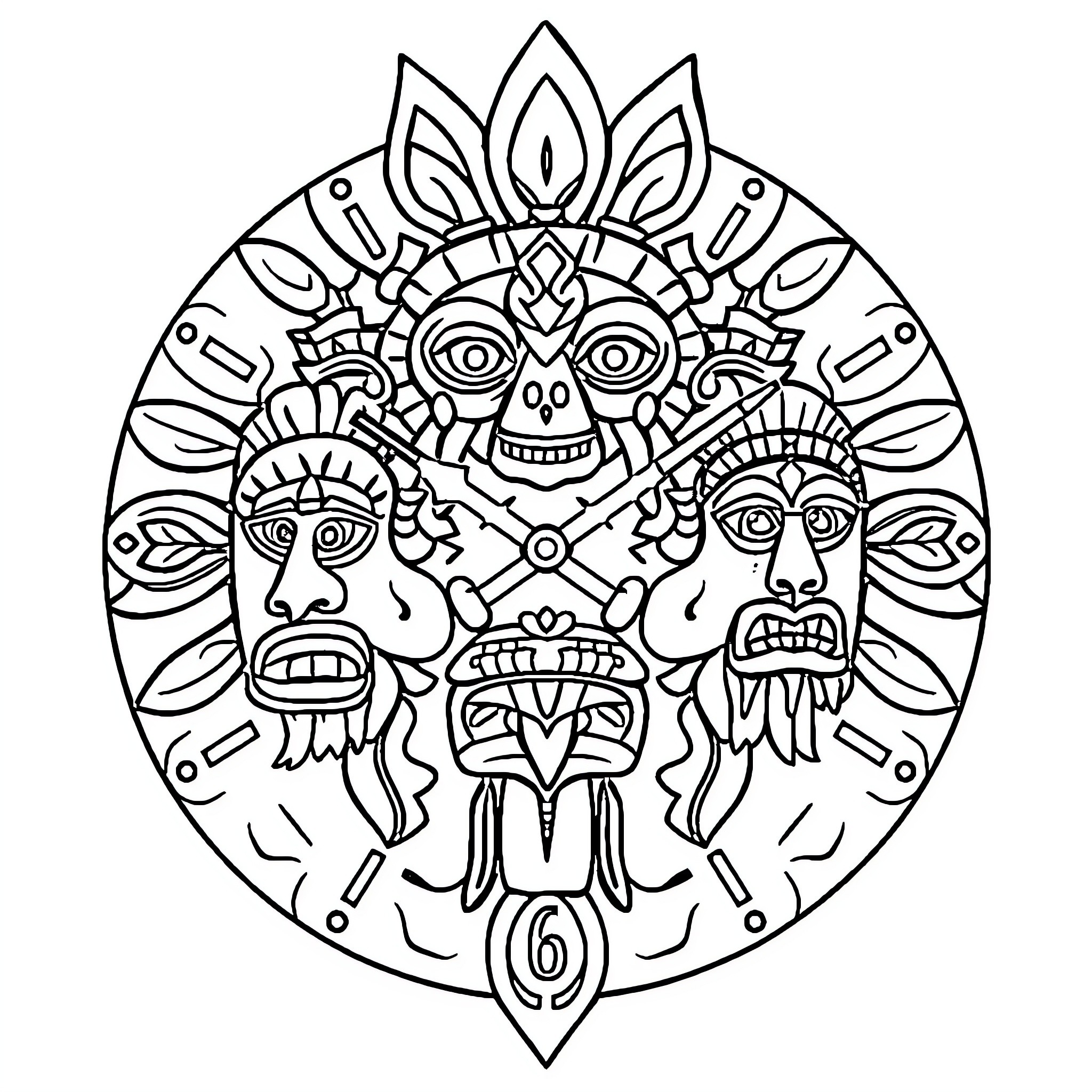Aztec Tribal Masks Mandala Design Coloring Page (free black-and-white line drawing printable PDF for all, from beginners to advanced learners, including children, teens, adults, and seniors)