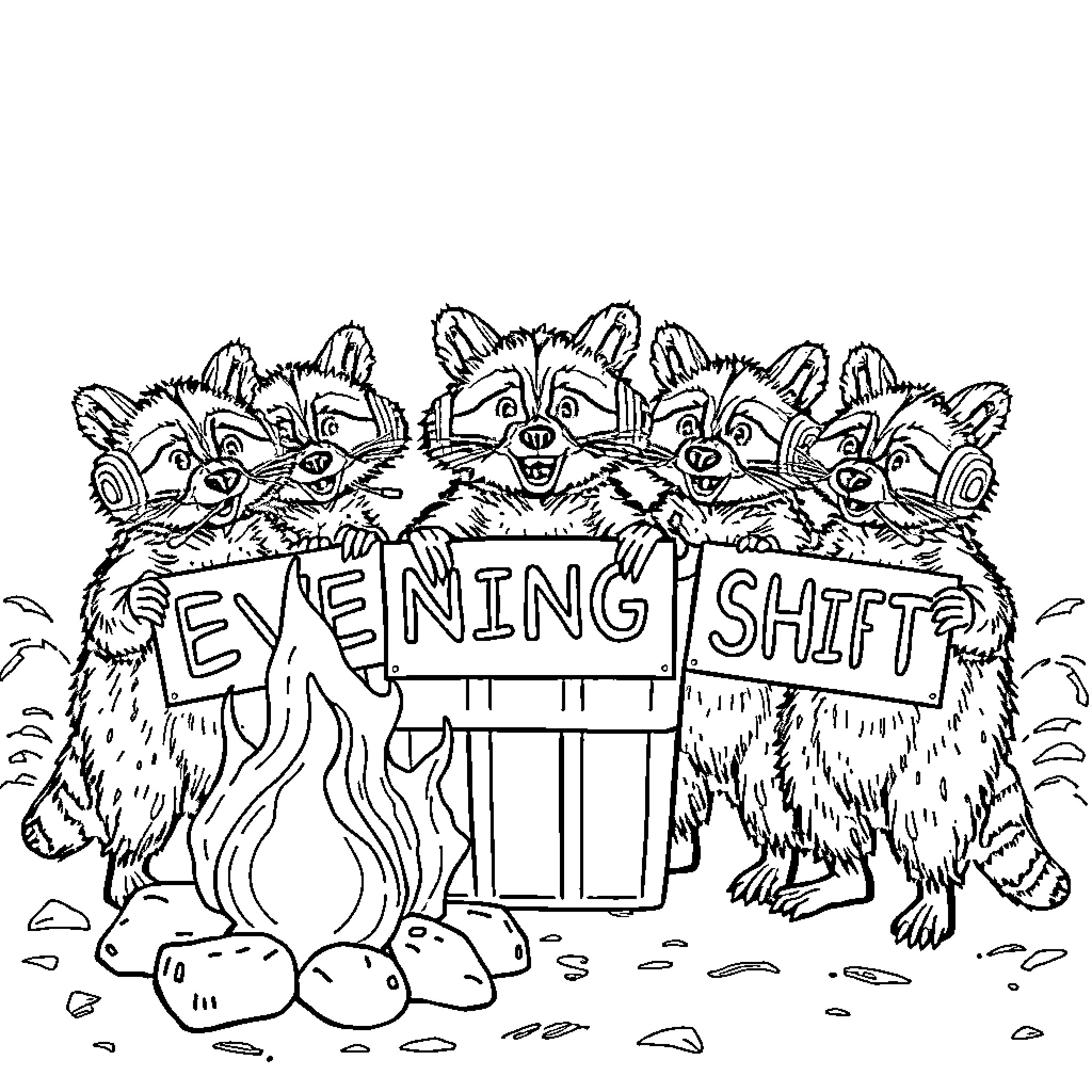 Raccoon evening shift work team Coloring Page (free black-and-white line drawing printable PDF for all, from beginners to advanced learners, including children, teens, adults, and seniors)