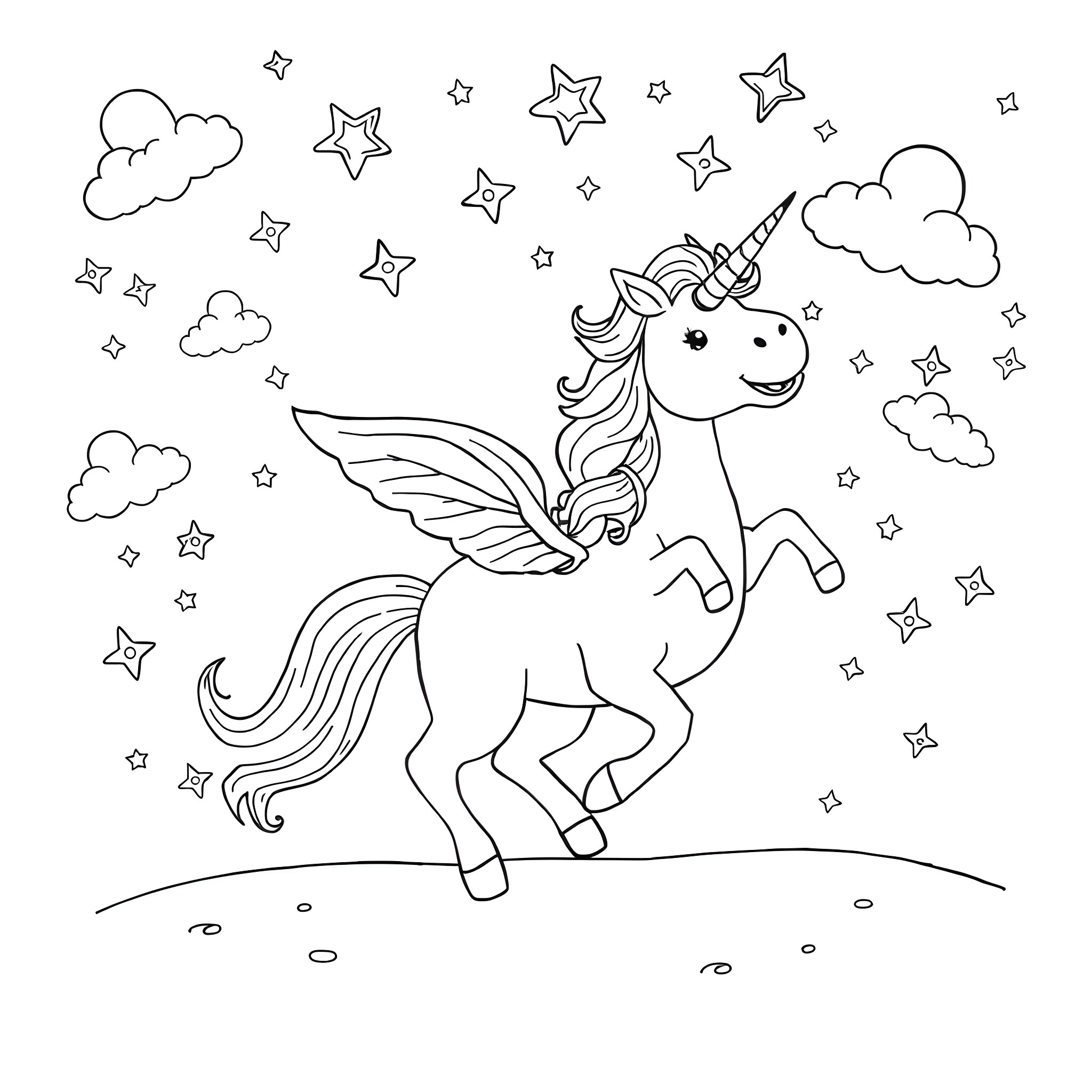Unicorn soaring through the starry sky Coloring Page (free black-and-white line drawing printable PDF for all, from beginners to advanced learners, including children, teens, adults, and seniors)