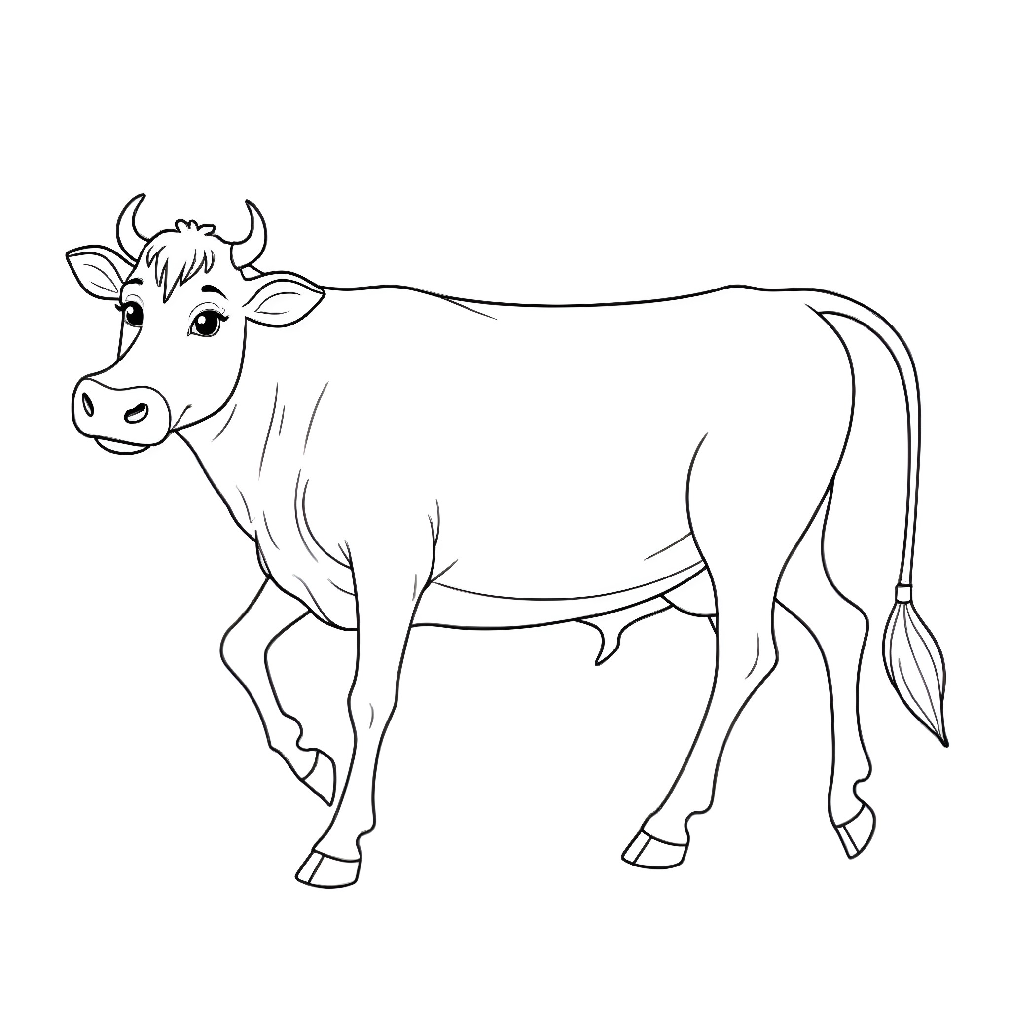 Cow standing peacefully in the field Coloring Page (free black-and-white line drawing printable PDF for all, from beginners to advanced learners, including children, teens, adults, and seniors)