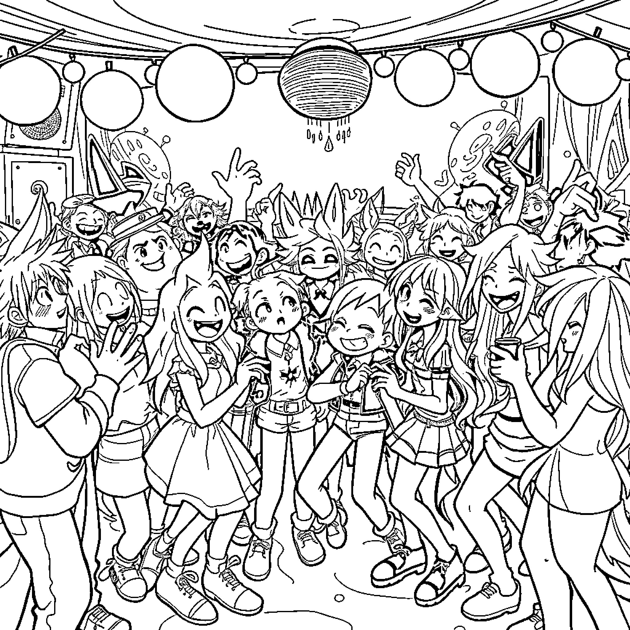 Undertale Characters Enjoying a Festive Celebration Coloring Page (free black-and-white line drawing printable PDF for all, from beginners to advanced learners, including children, teens, adults, and seniors)