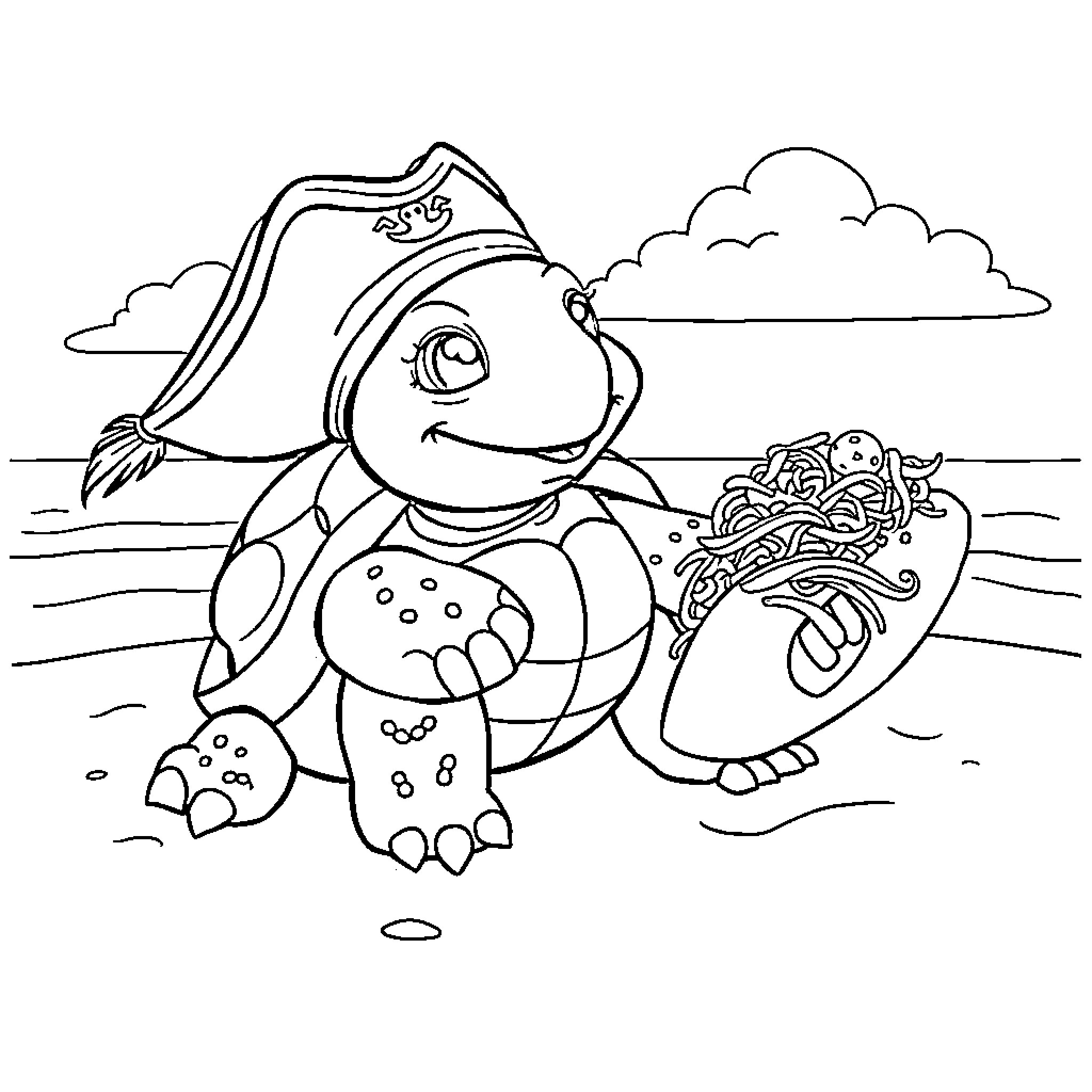 Turtle with Treasure on the Beach Coloring Page (free black-and-white line drawing printable PDF for all, from beginners to advanced learners, including children, teens, adults, and seniors)