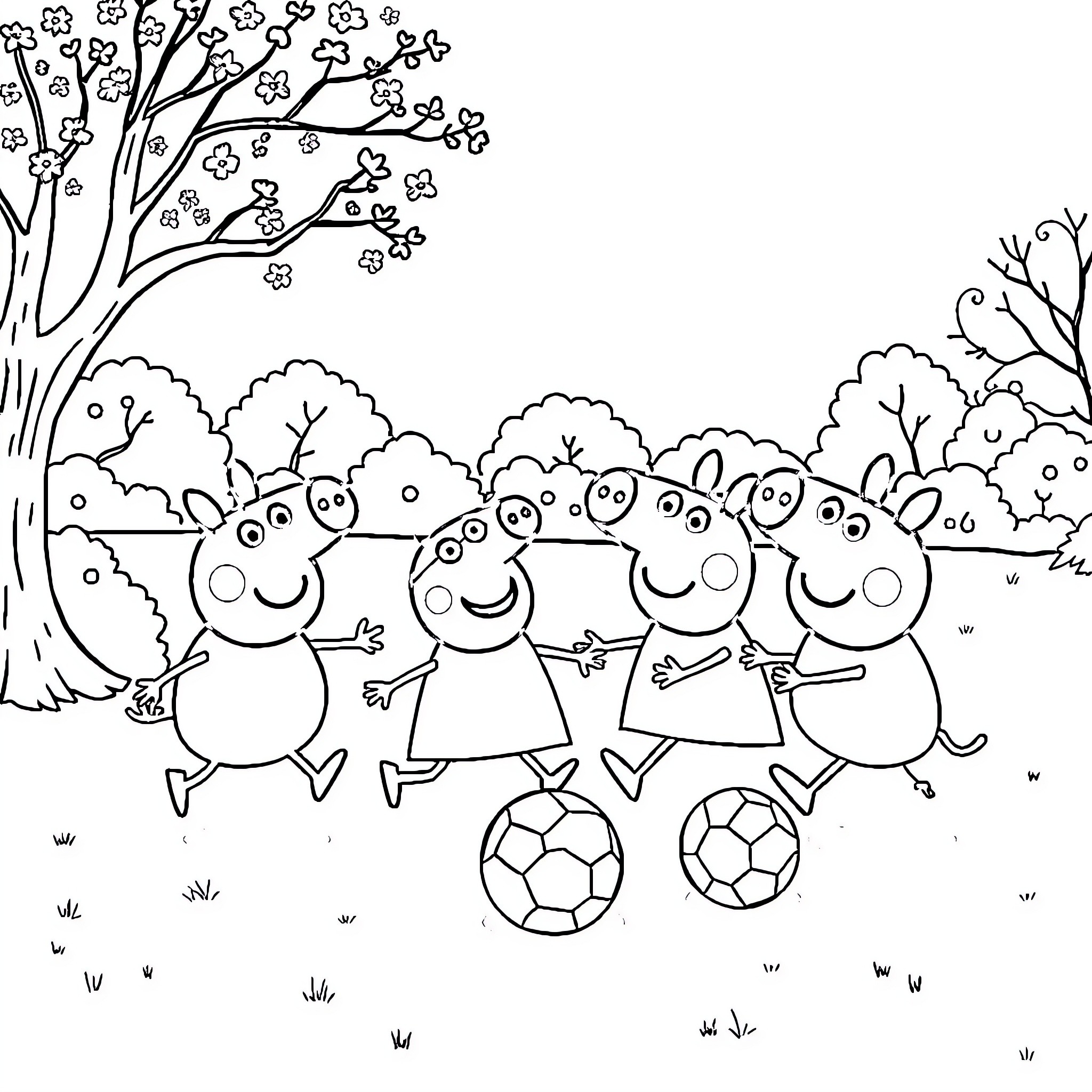 Pig characters playing soccer in nature Coloring Page (free black-and-white line drawing printable PDF for all, from beginners to advanced learners, including children, teens, adults, and seniors)