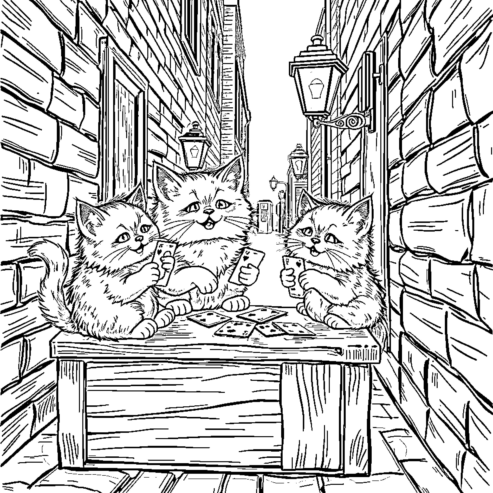 Cat Companions in the Urban Alley Coloring Page (free black-and-white line drawing printable PDF for all, from beginners to advanced learners, including children, teens, adults, and seniors)