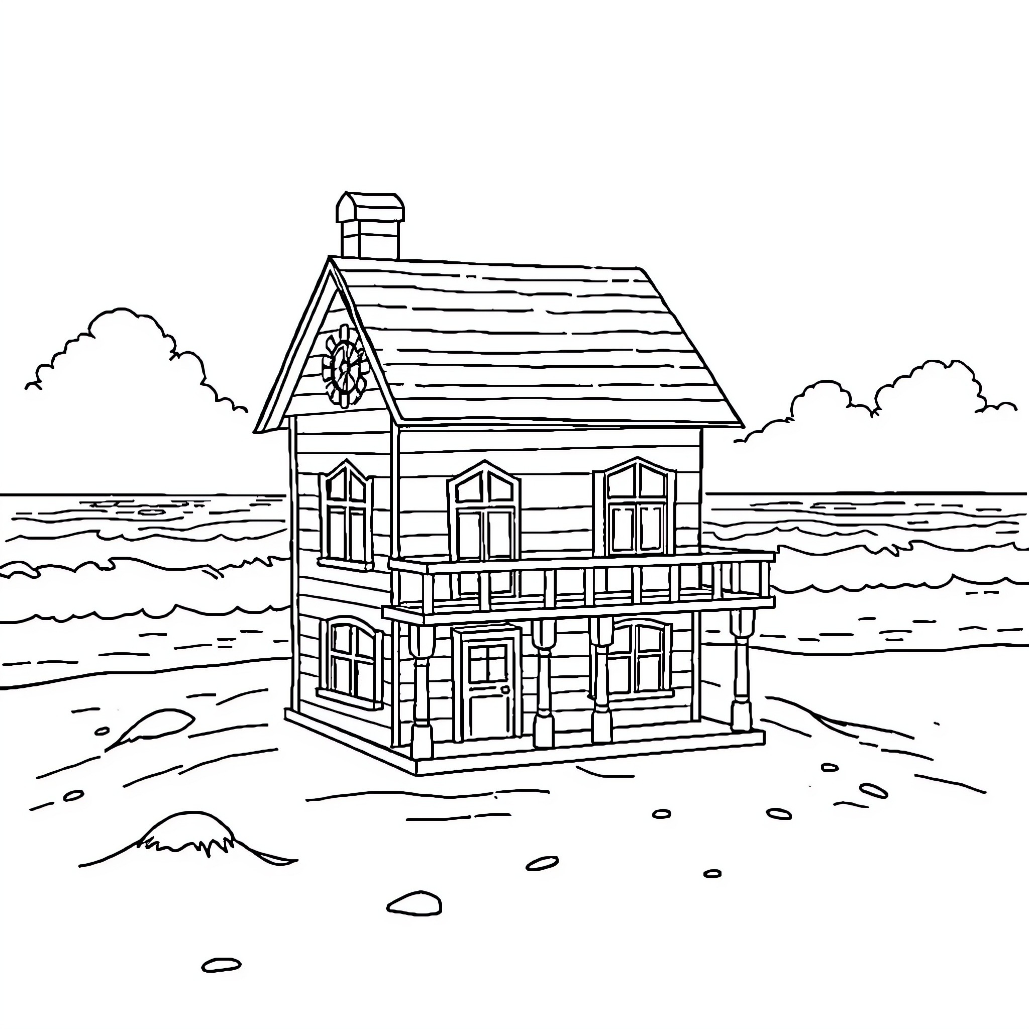 Gabby Doll House with Detailed Exterior Design Coloring Page (free black-and-white line drawing printable PDF for all, from beginners to advanced learners, including children, teens, adults, and seniors)