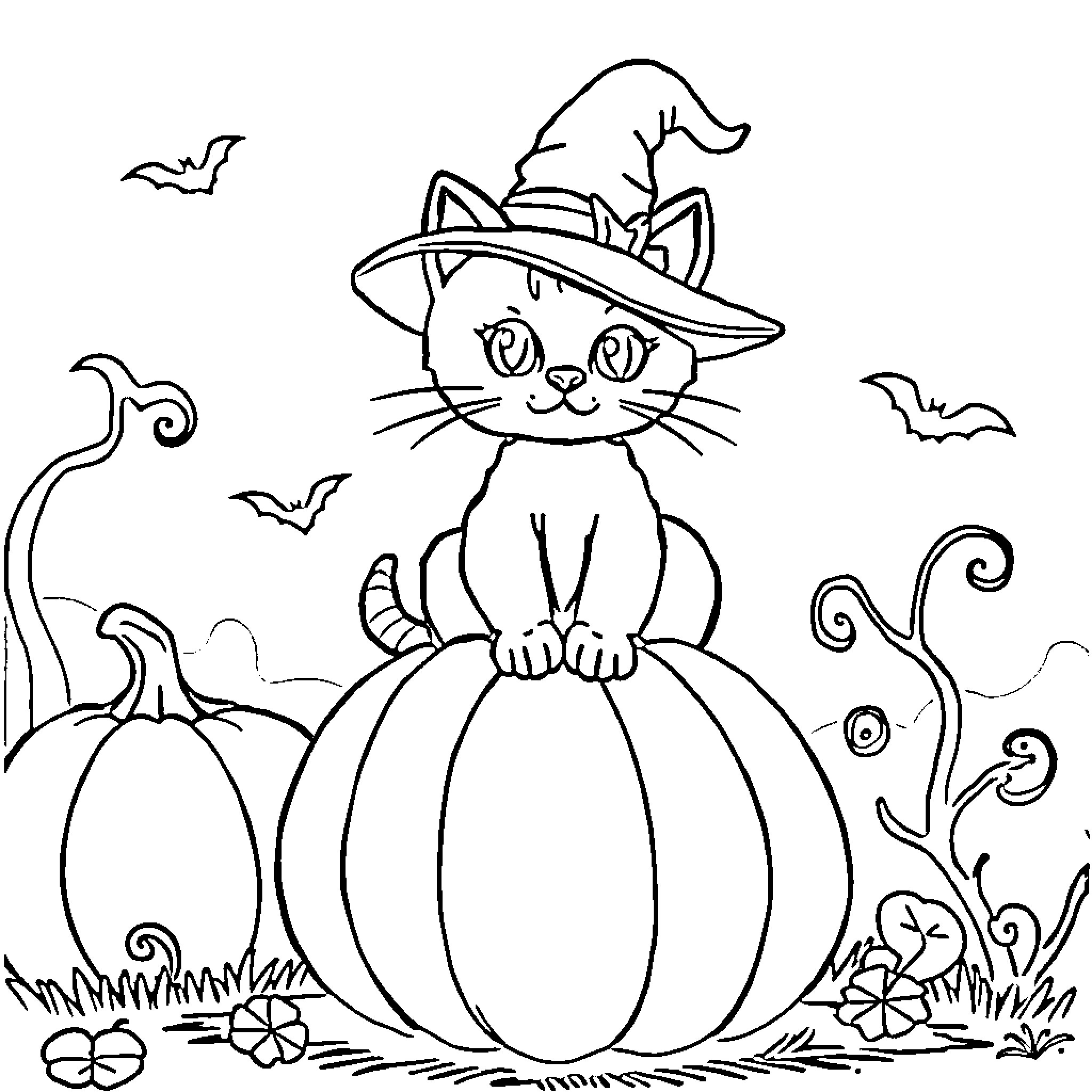 Cat dressed as a witch on a pumpkin Coloring Page (free black-and-white line drawing printable PDF for all, from beginners to advanced learners, including children, teens, adults, and seniors)
