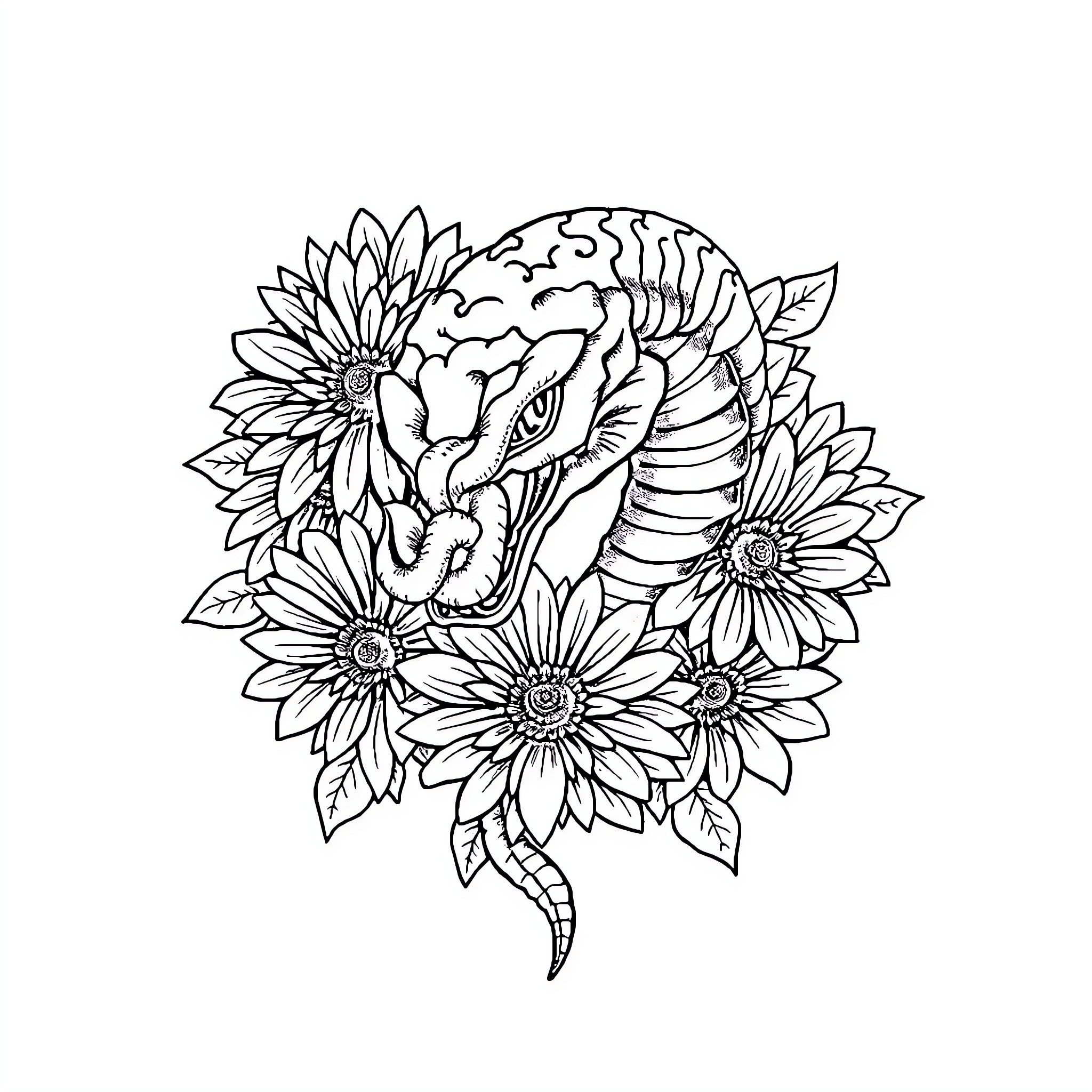 Snake coiled amidst floral arrangement Coloring Page (free black-and-white line drawing printable PDF for all, from beginners to advanced learners, including children, teens, adults, and seniors)