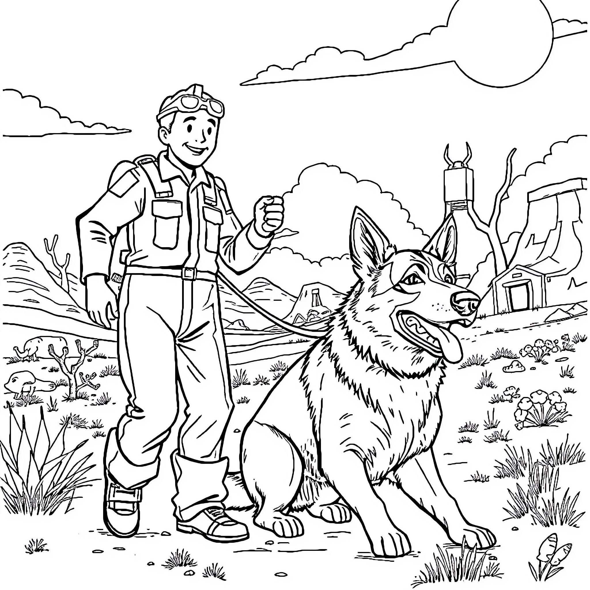 Vault Dweller exploring the wasteland with his canine companion Coloring Page (free black-and-white line drawing printable PDF for all, from beginners to advanced learners, including children, teens, adults, and seniors)