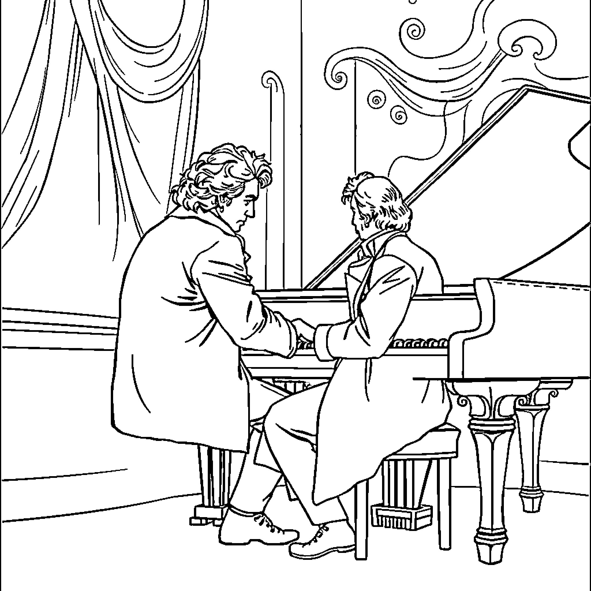 Beethoven composing music with his colleague Coloring Page (free black-and-white line drawing printable PDF for all, from beginners to advanced learners, including children, teens, adults, and seniors)
