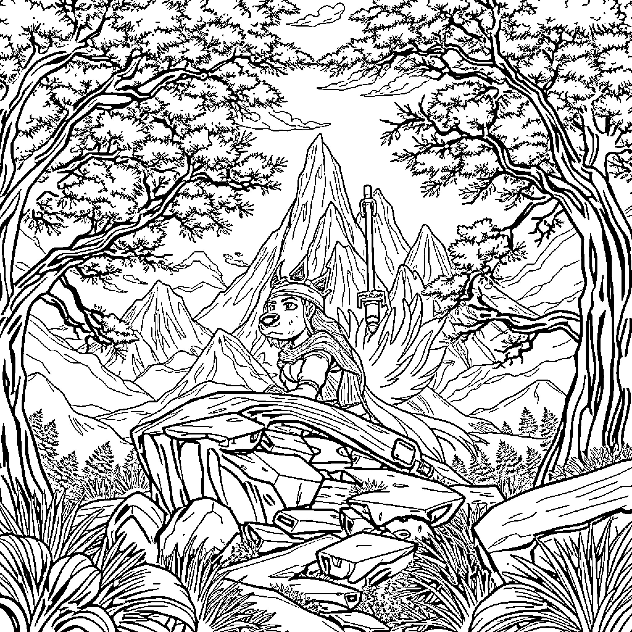 Huntix exploring the mystical mountain landscape Coloring Page (free black-and-white line drawing printable PDF for all, from beginners to advanced learners, including children, teens, adults, and seniors)
