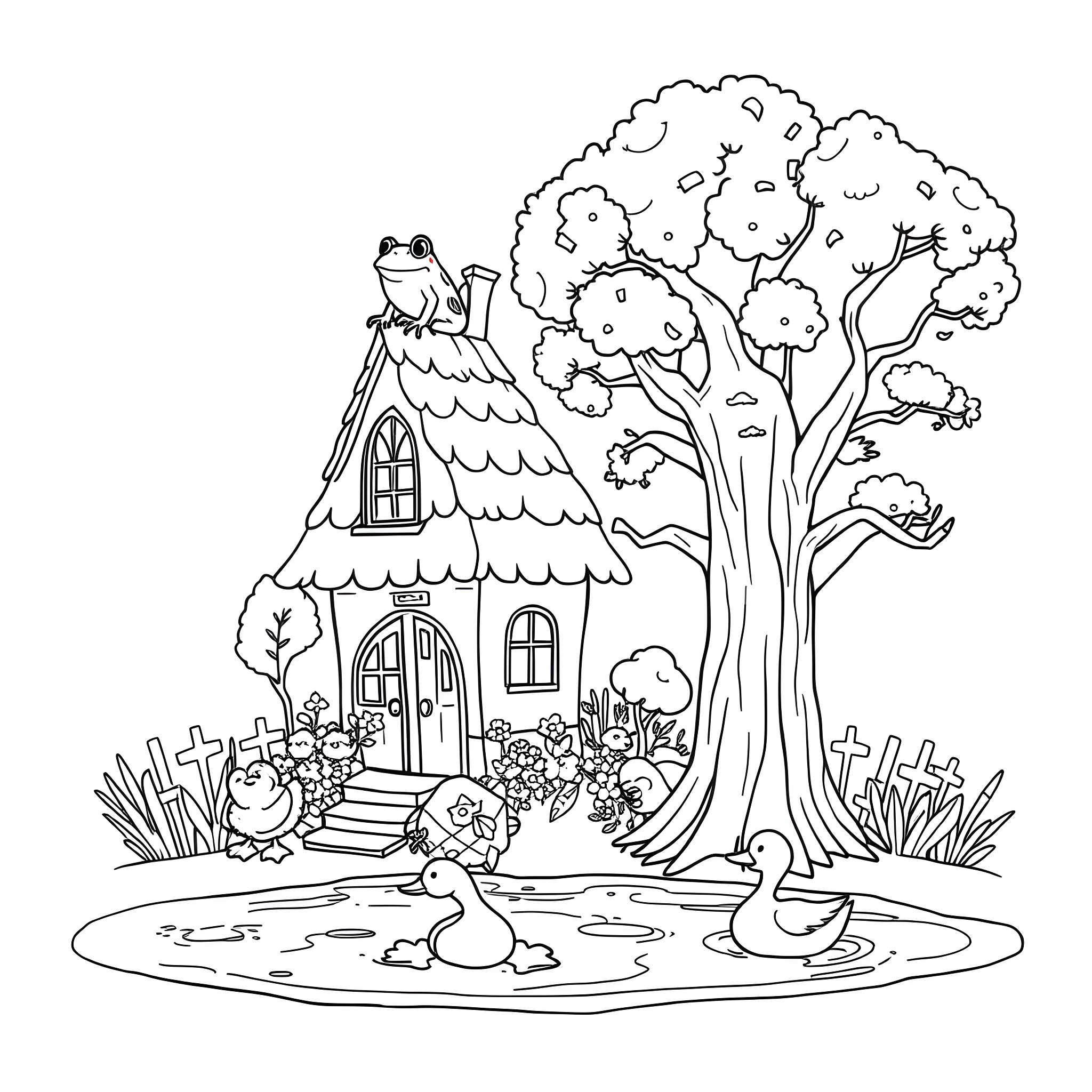 Frog exploring a cozy cottage in the garden Coloring Page (free black-and-white line drawing printable PDF for all, from beginners to advanced learners, including children, teens, adults, and seniors)