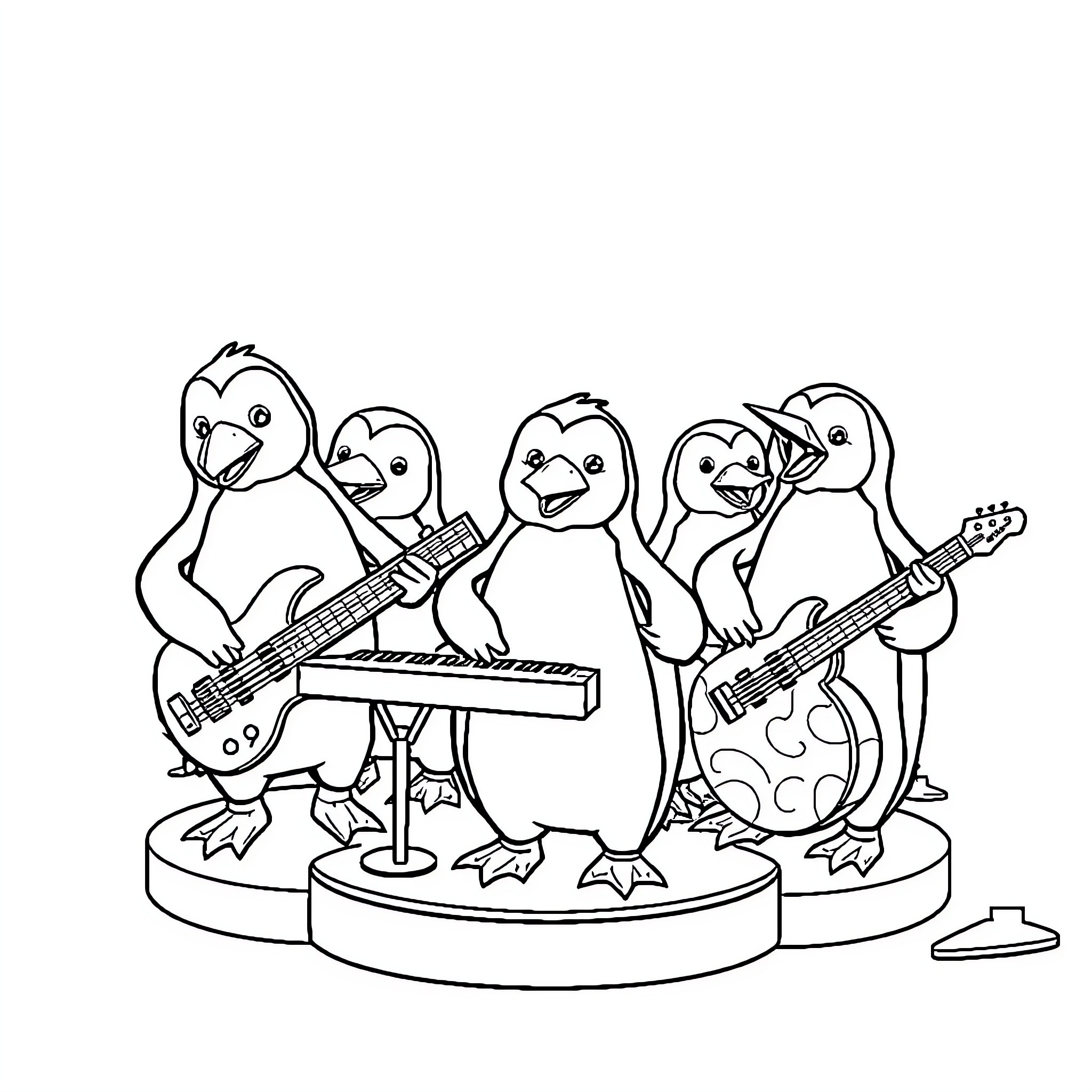 Penguins rocking out with musical instruments Coloring Page (free black-and-white line drawing printable PDF for all, from beginners to advanced learners, including children, teens, adults, and seniors)