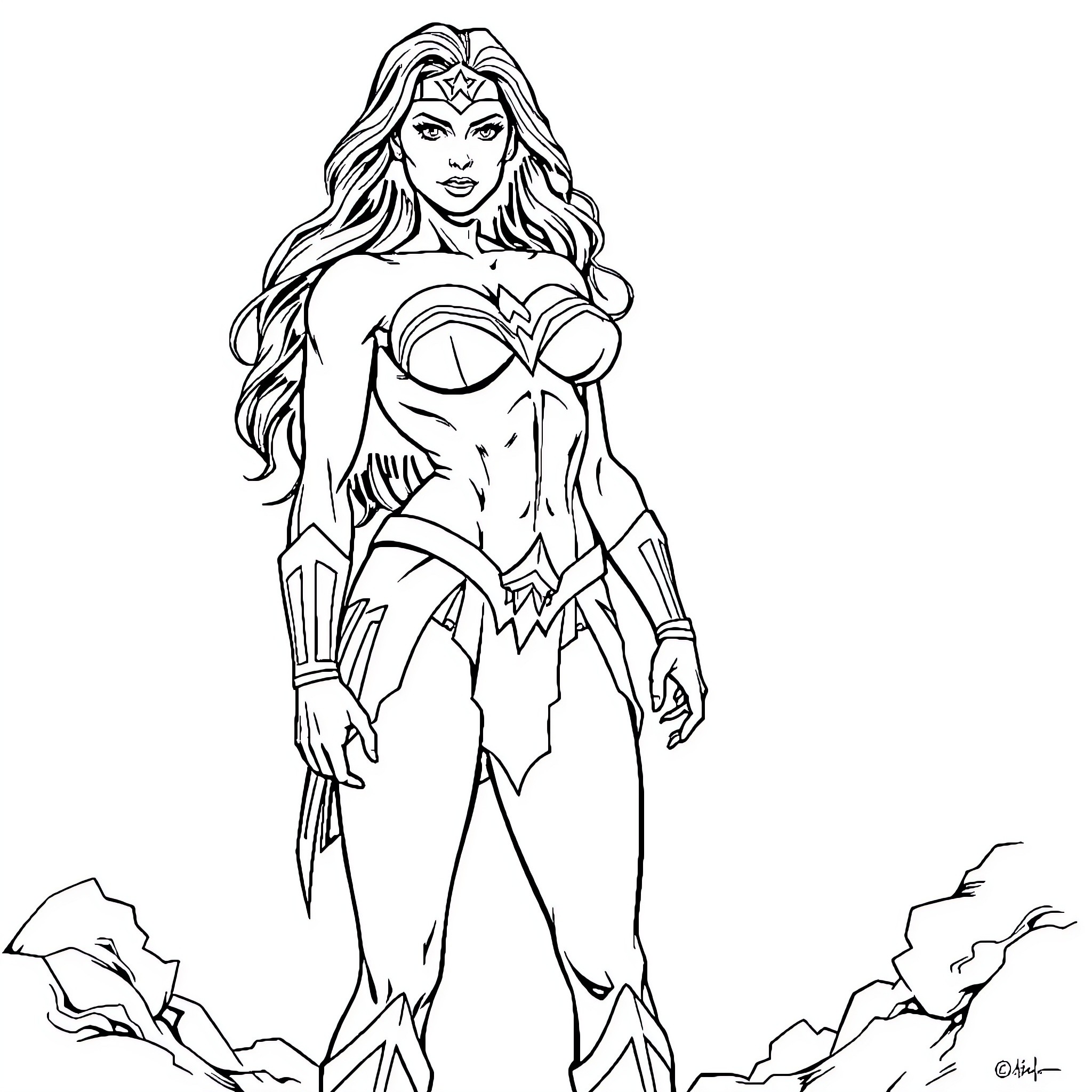 Wonder Woman heroically striking a powerful pose Coloring Page (free black-and-white line drawing printable PDF for all, from beginners to advanced learners, including children, teens, adults, and seniors)