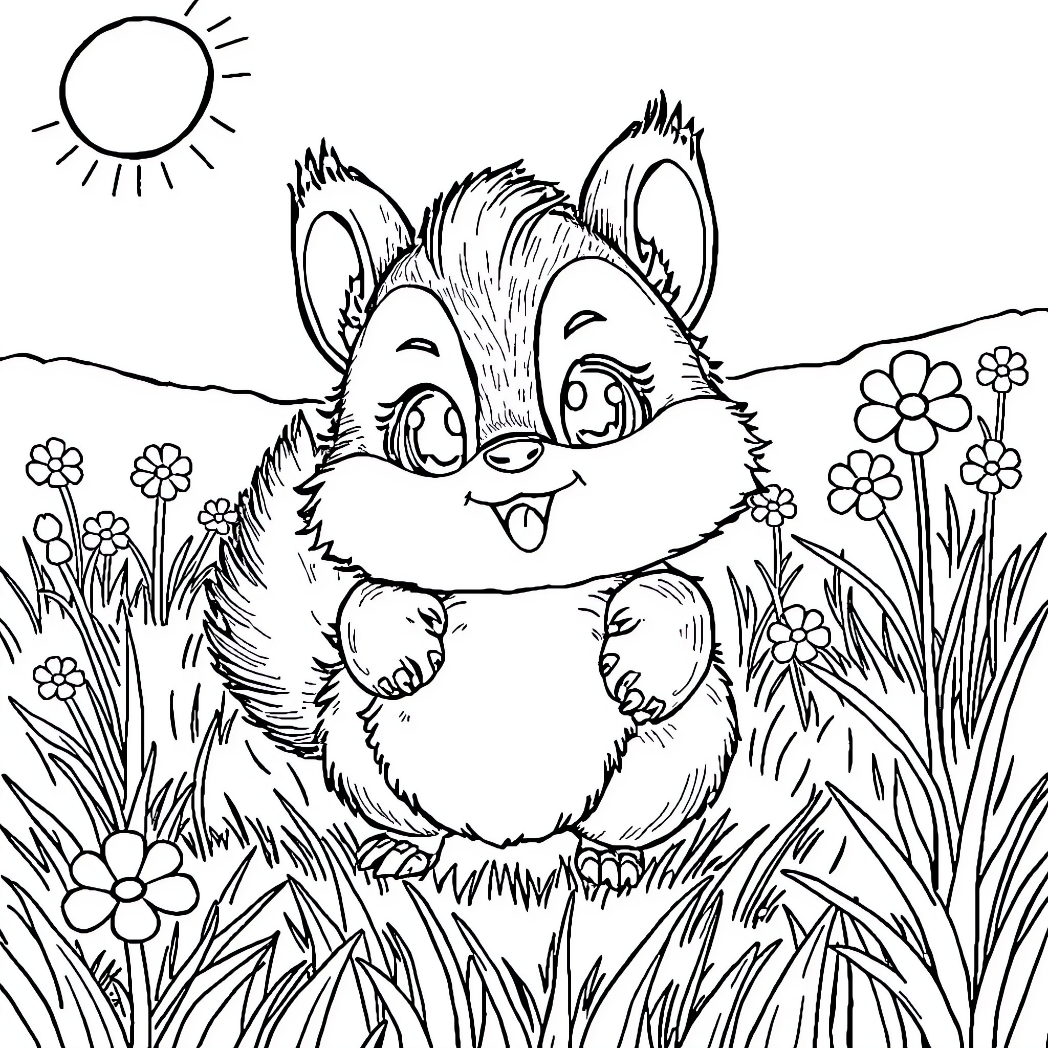 Sprunki the cheerful creature frolicking in nature Coloring Page (free black-and-white line drawing printable PDF for all, from beginners to advanced learners, including children, teens, adults, and seniors)