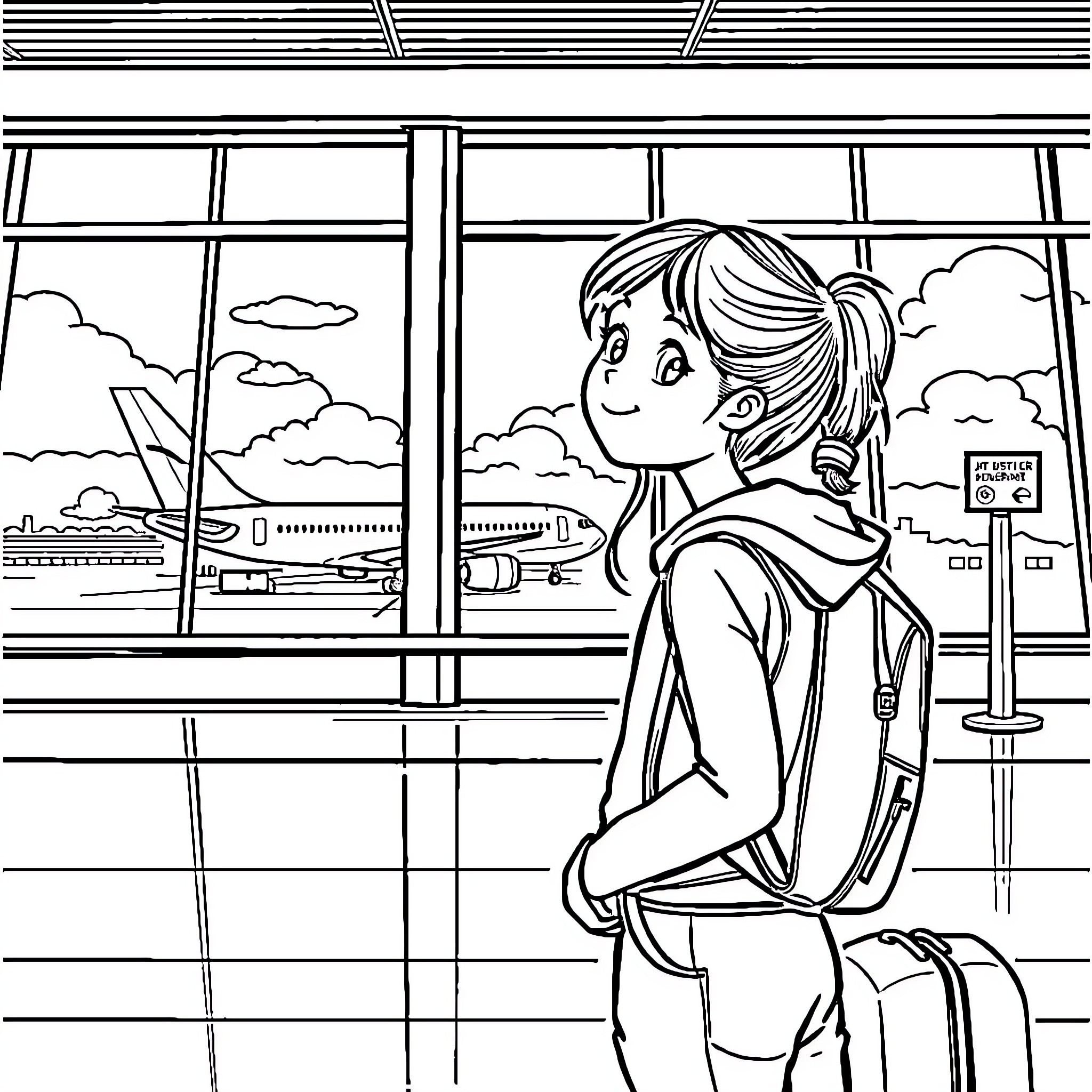 Girl waiting patiently at the airport Coloring Page (free black-and-white line drawing printable PDF for all, from beginners to advanced learners, including children, teens, adults, and seniors)