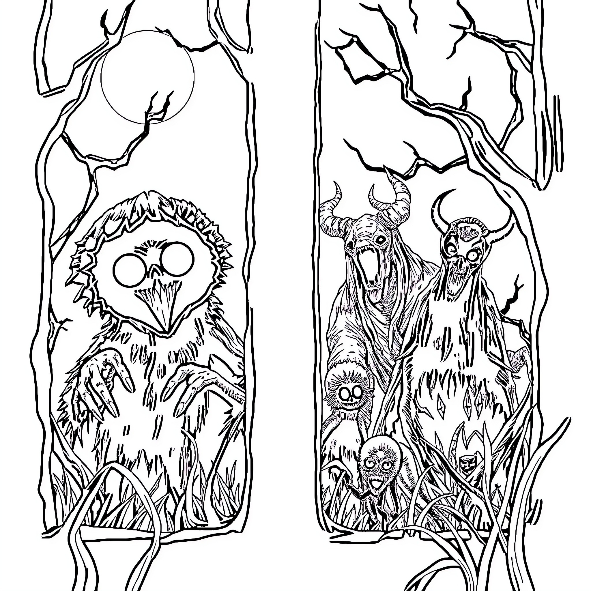 Creature Lurking in the Mysterious Forest Coloring Page (free black-and-white line drawing printable PDF for all, from beginners to advanced learners, including children, teens, adults, and seniors)