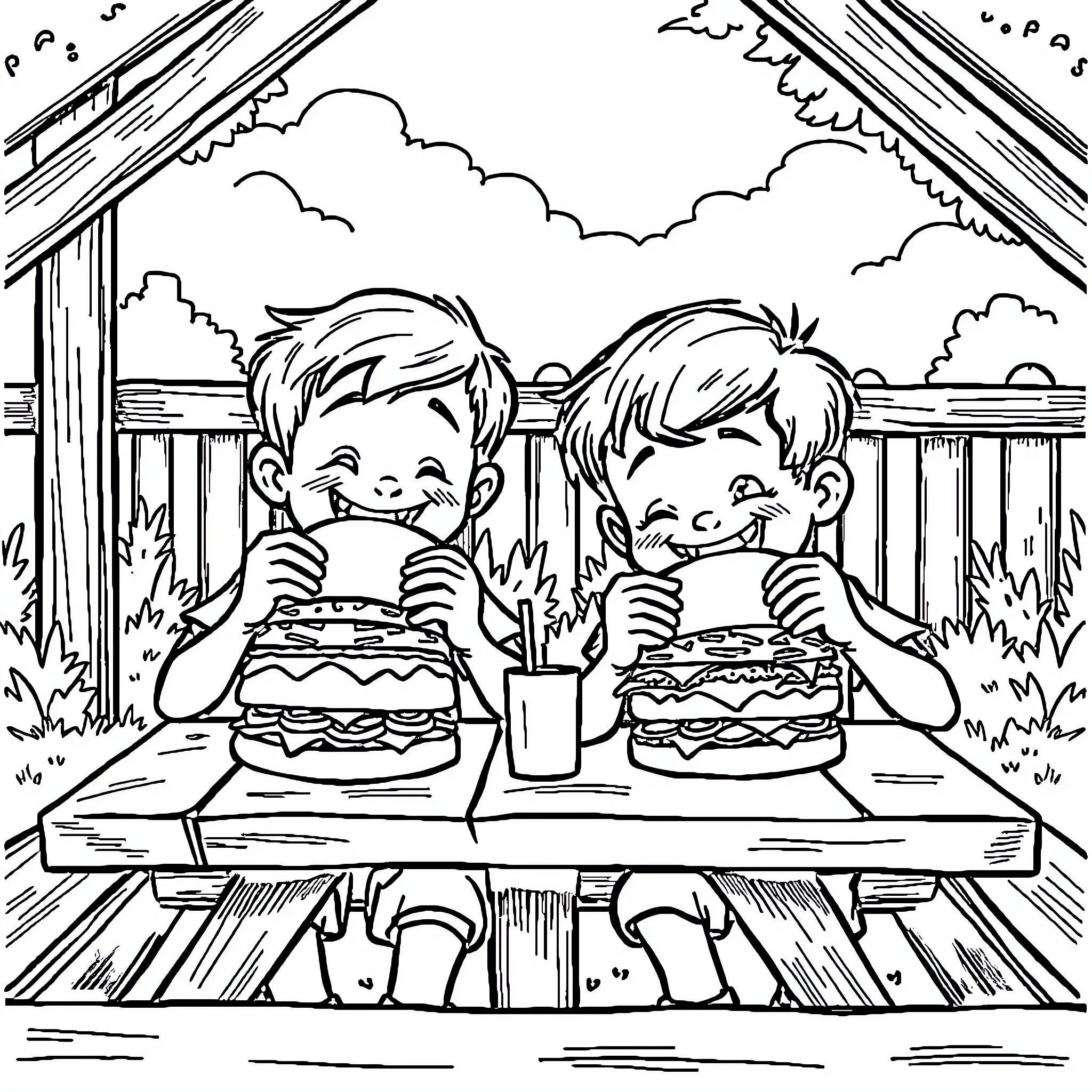 Boys enjoying delicious burgers outdoors Coloring Page (free black-and-white line drawing printable PDF for all, from beginners to advanced learners, including children, teens, adults, and seniors)