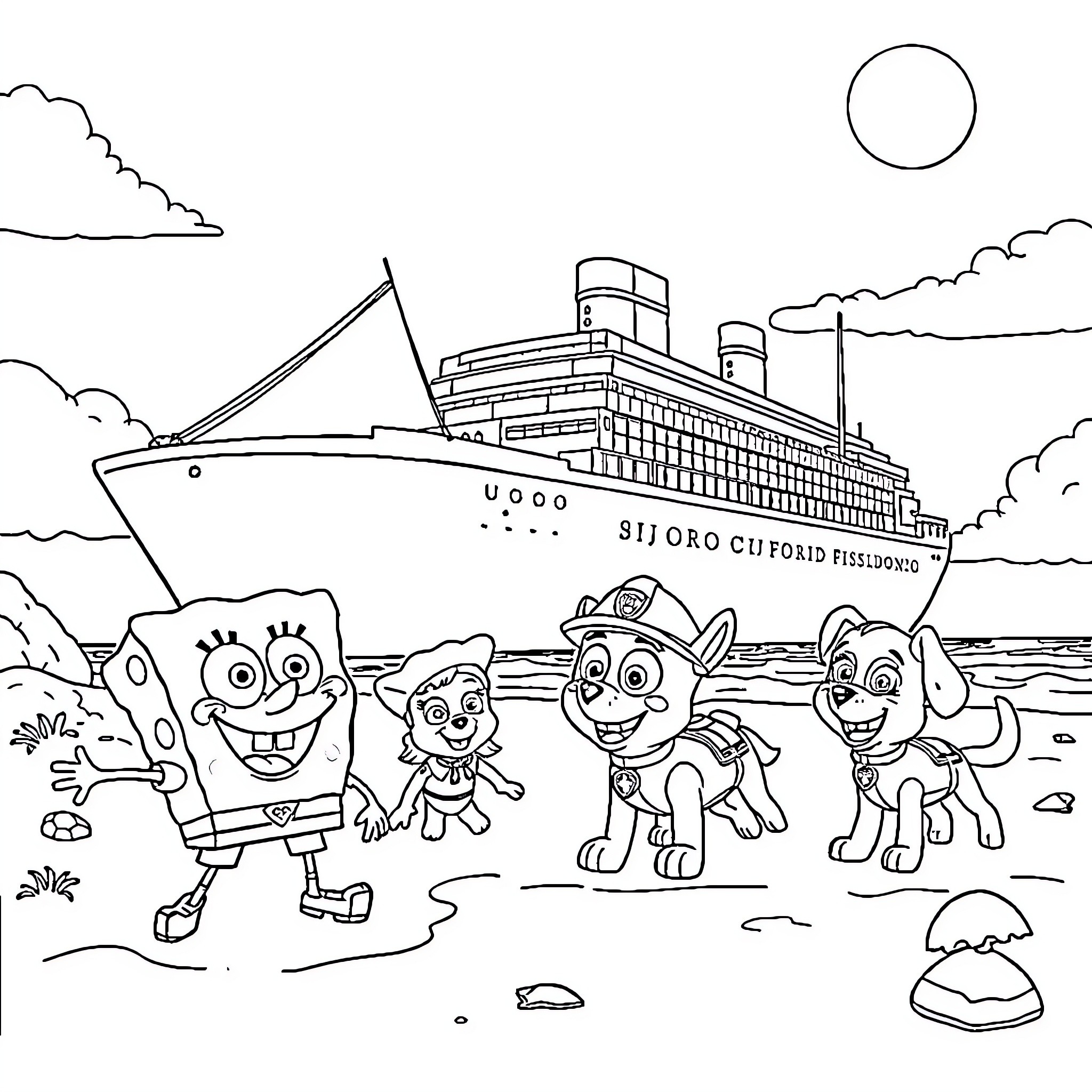 Spongebob and Paw Patrol characters on the beach with cruise ship Coloring Page (free black-and-white line drawing printable PDF for all, from beginners to advanced learners, including children, teens, adults, and seniors)