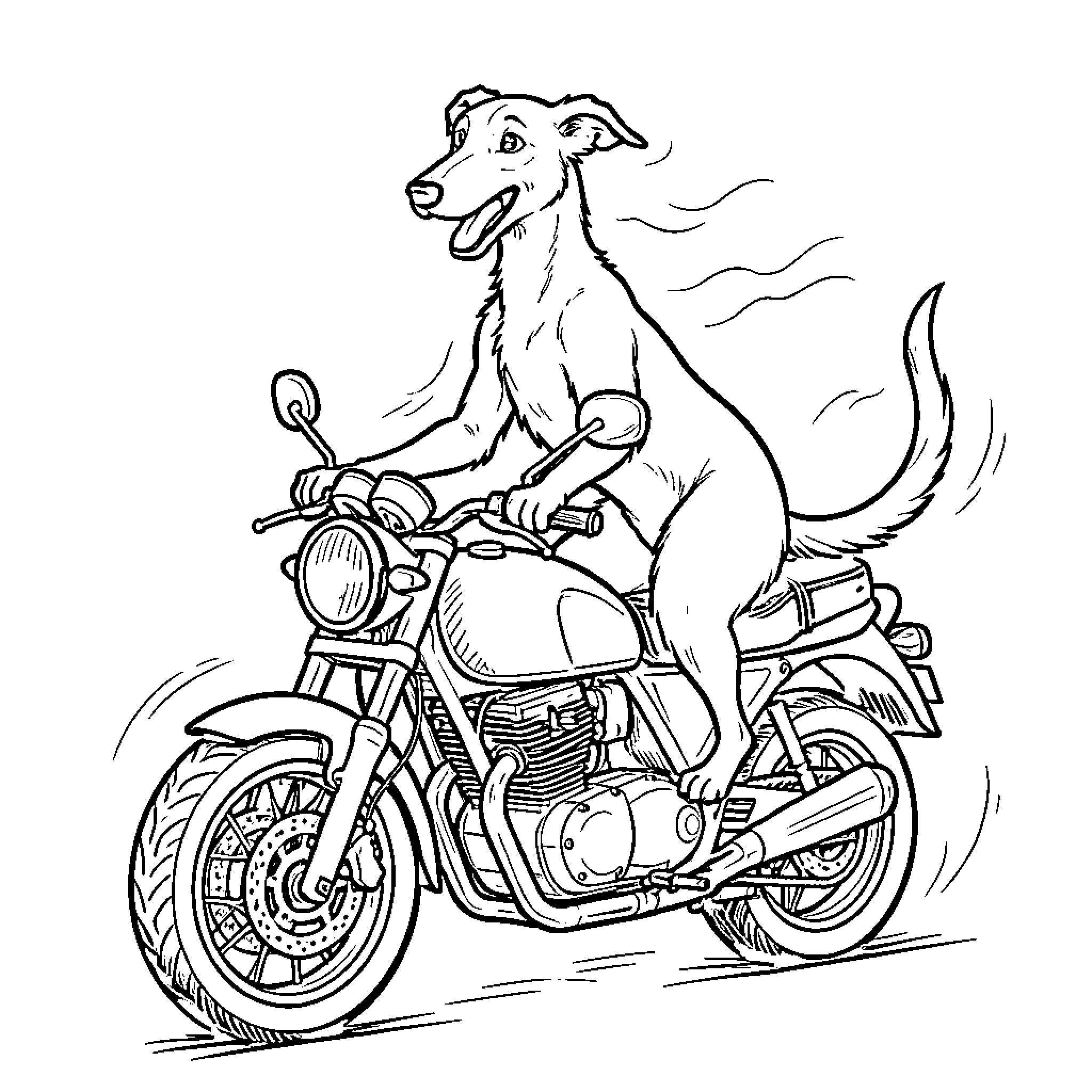 Greyhound riding a motorcycle with a joyful expression Coloring Page (free black-and-white line drawing printable PDF for all, from beginners to advanced learners, including children, teens, adults, and seniors)