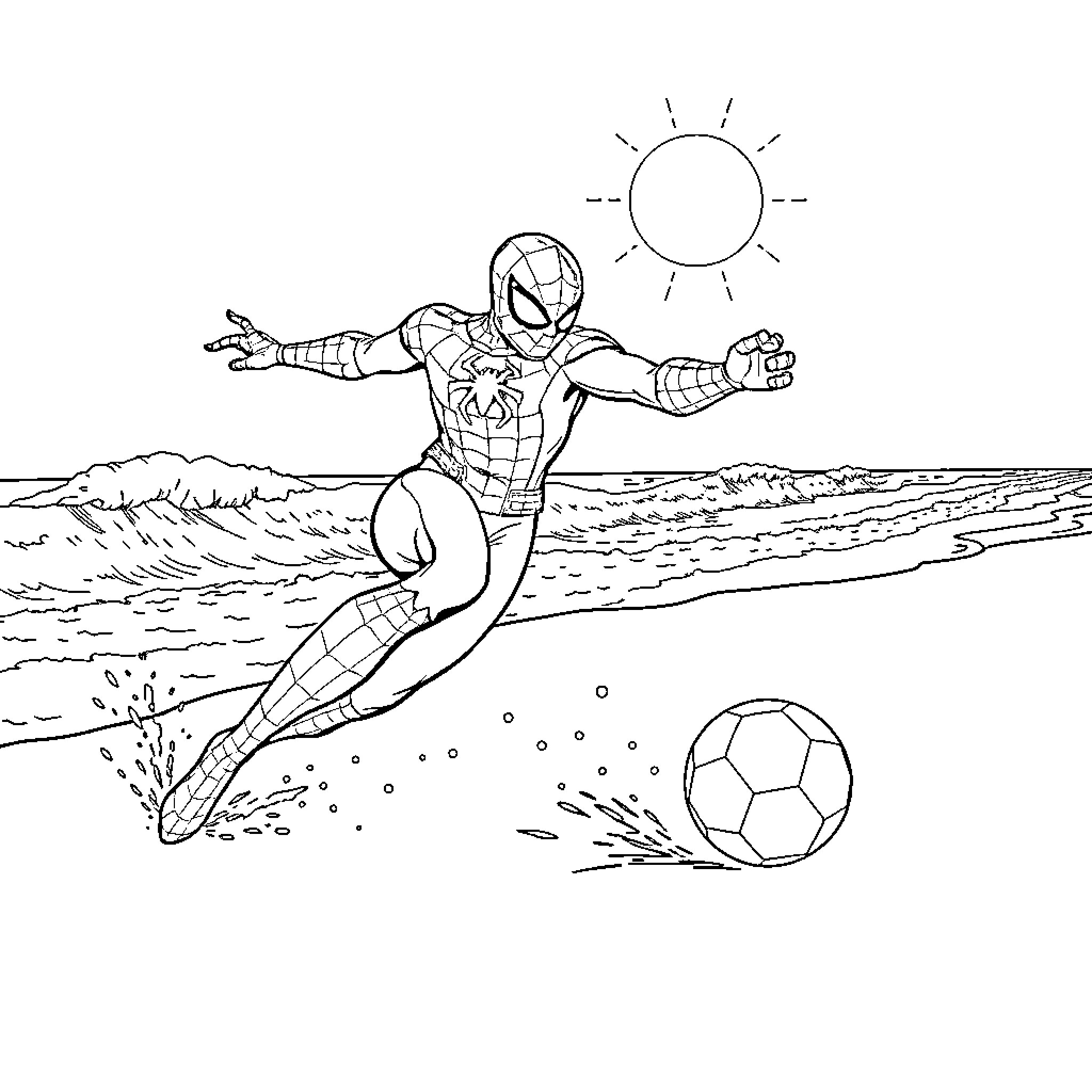 Spiderman playing soccer on the beach Coloring Page (free black-and-white line drawing printable PDF for all, from beginners to advanced learners, including children, teens, adults, and seniors)