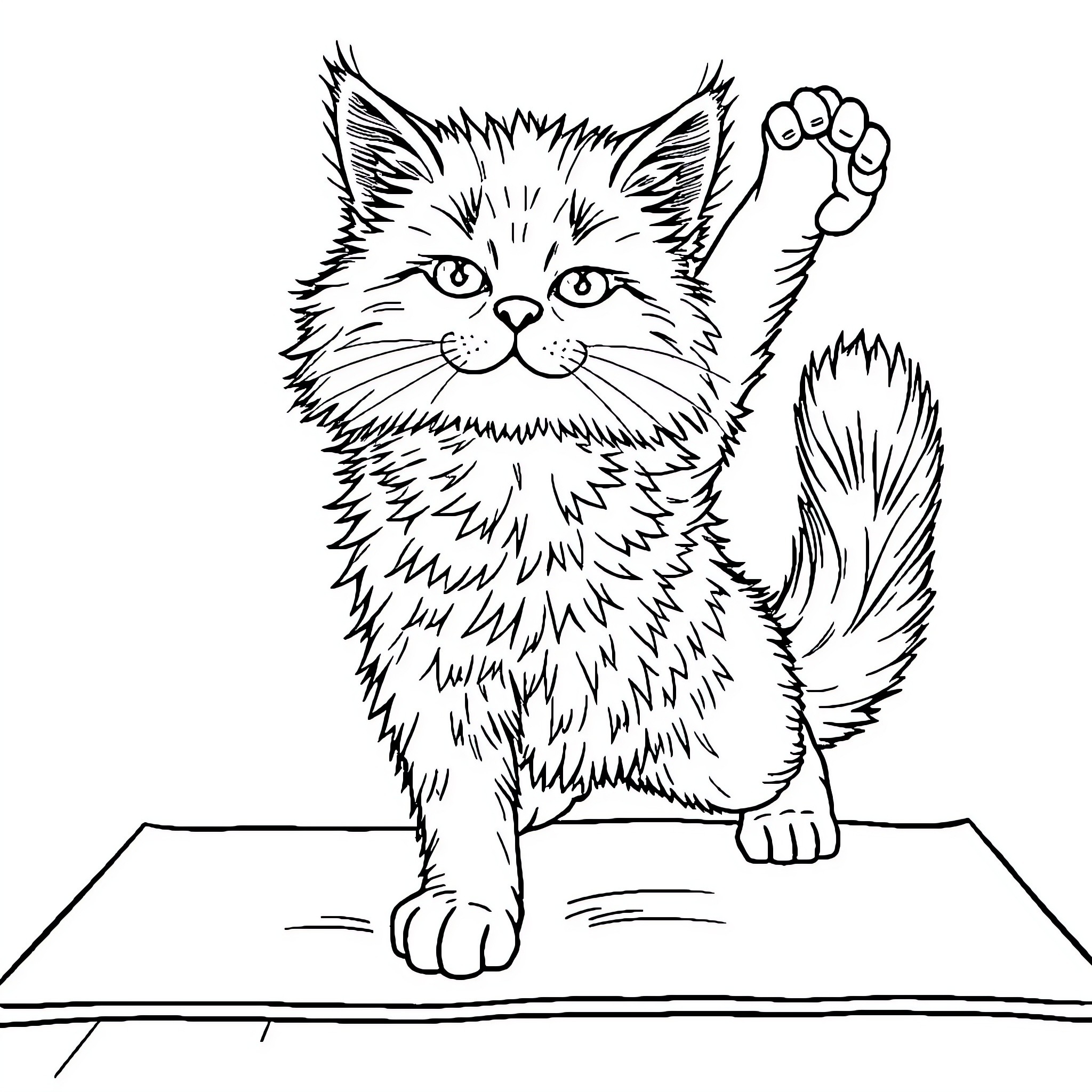 Cat Posing Playfully on a Flat Surface Coloring Page (free black-and-white line drawing printable PDF for all, from beginners to advanced learners, including children, teens, adults, and seniors)