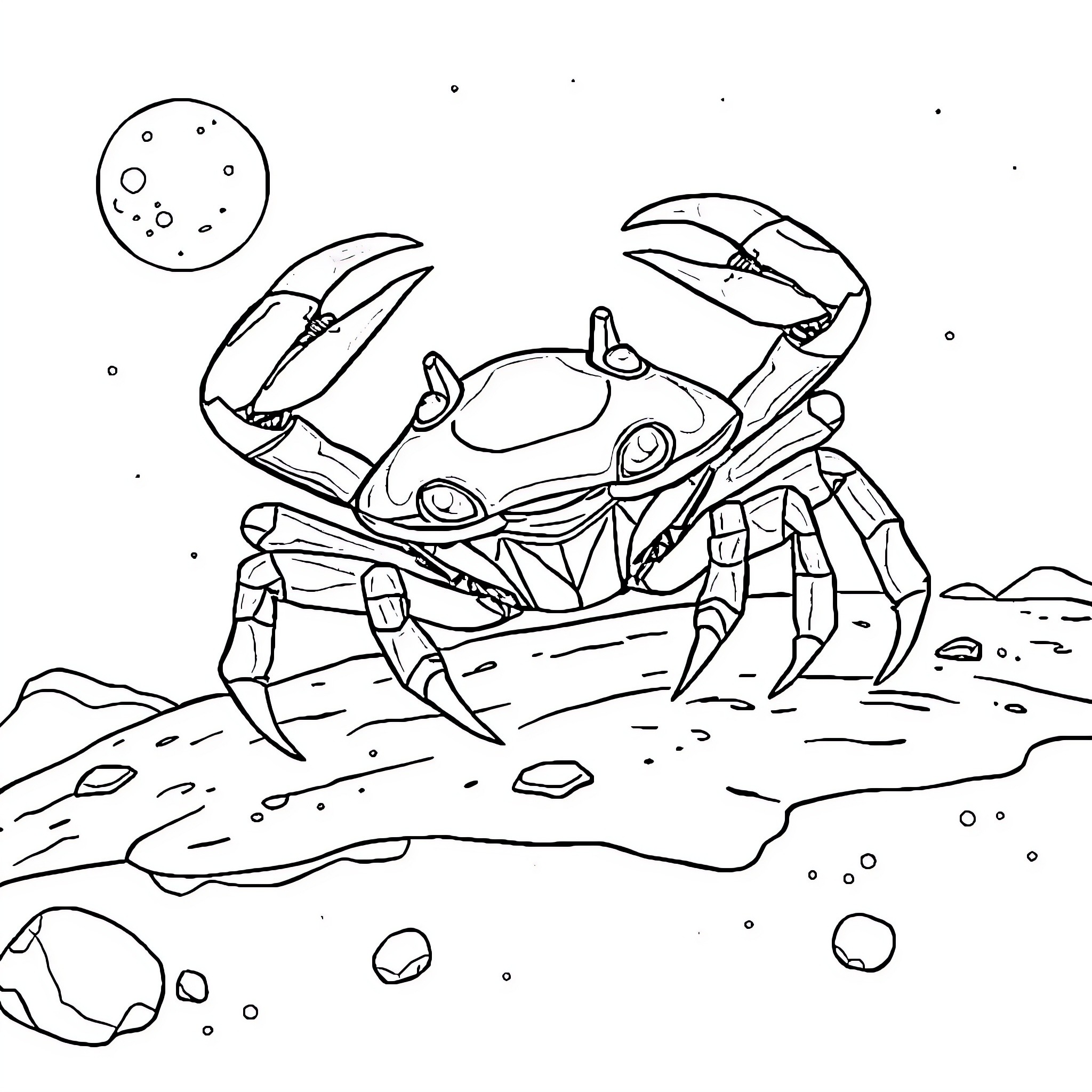 Alien Crab scuttling on the rocky shore Coloring Page (free black-and-white line drawing printable PDF for all, from beginners to advanced learners, including children, teens, adults, and seniors)