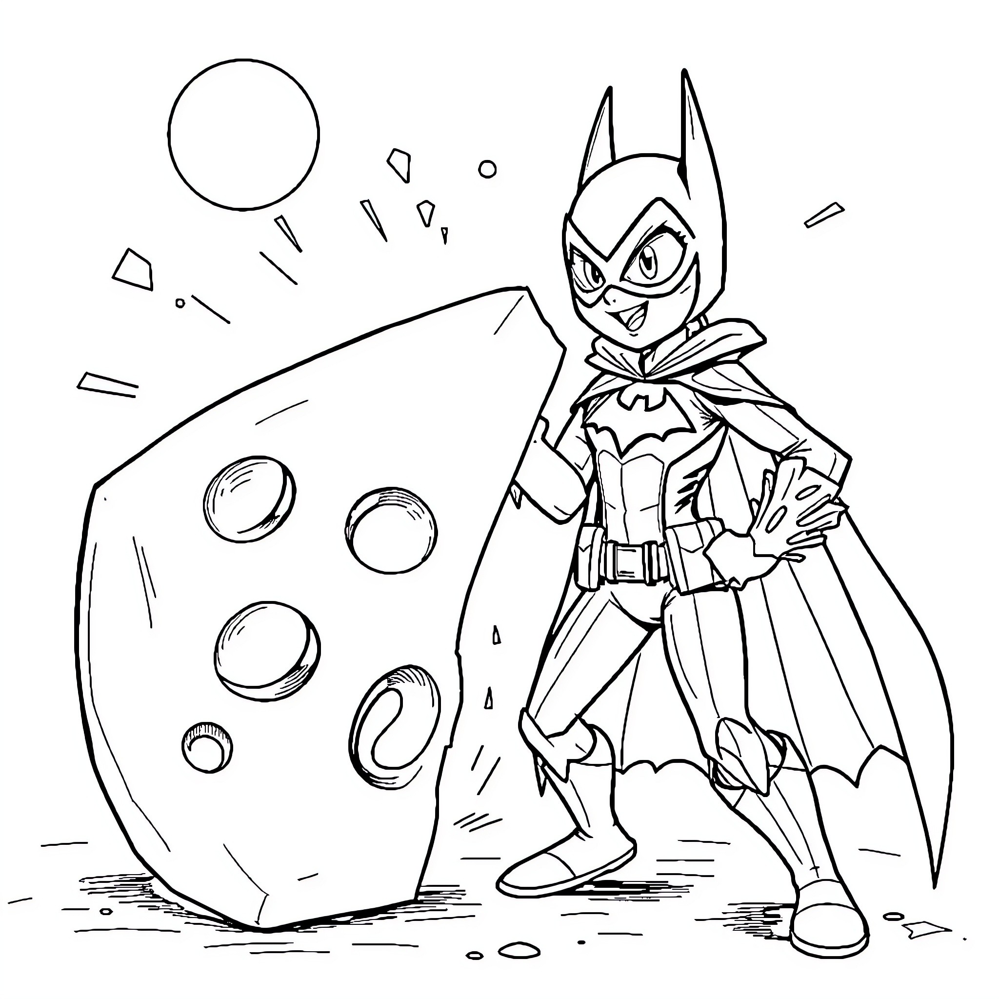Batgirl in heroic stance with explosives Coloring Page (free black-and-white line drawing printable PDF for all, from beginners to advanced learners, including children, teens, adults, and seniors)