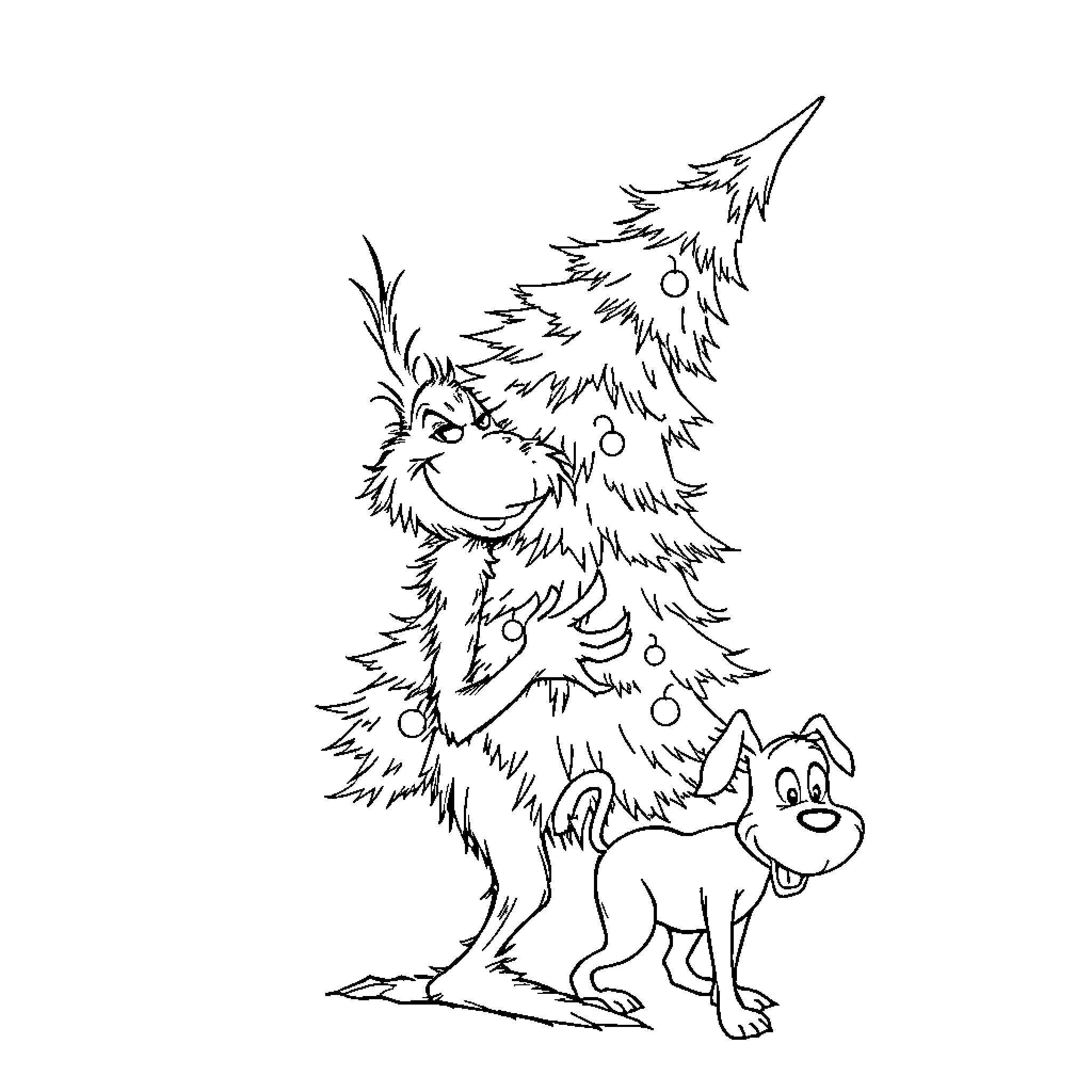 Grinch with his dog in cartoon style Coloring Page (free black-and-white line drawing printable PDF for all, from beginners to advanced learners, including children, teens, adults, and seniors)