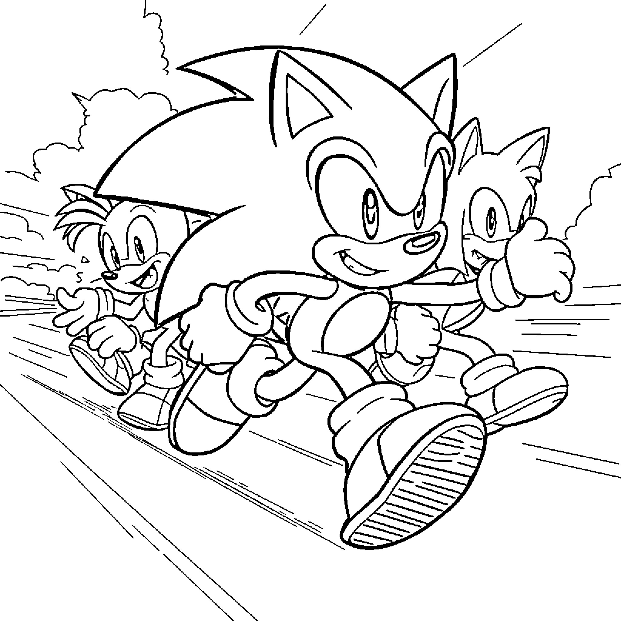 Sonic and friends running adventurously together Coloring Page (free black-and-white line drawing printable PDF for all, from beginners to advanced learners, including children, teens, adults, and seniors)