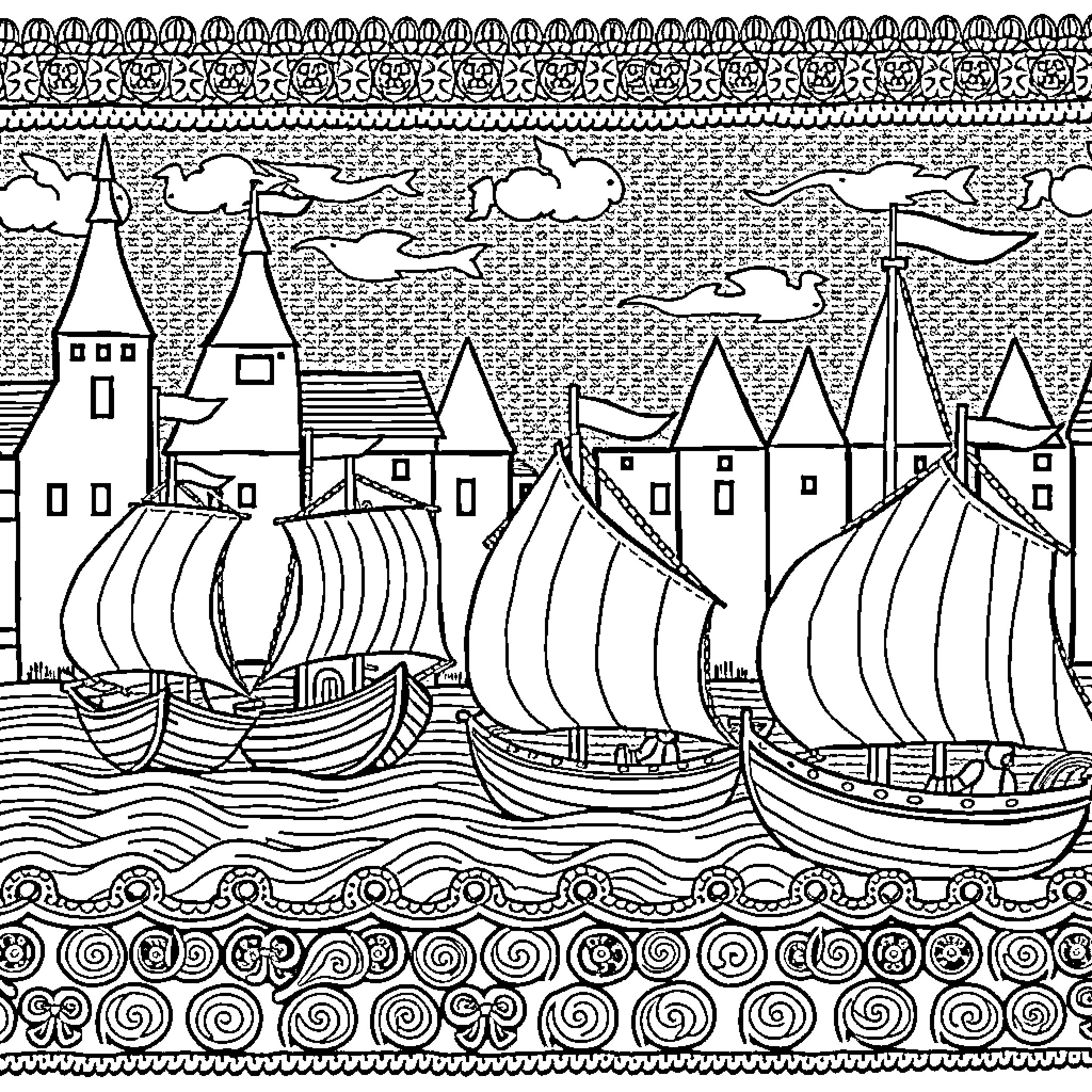 Boats sailing on the waves near a coastal town Coloring Page (free black-and-white line drawing printable PDF for all, from beginners to advanced learners, including children, teens, adults, and seniors)