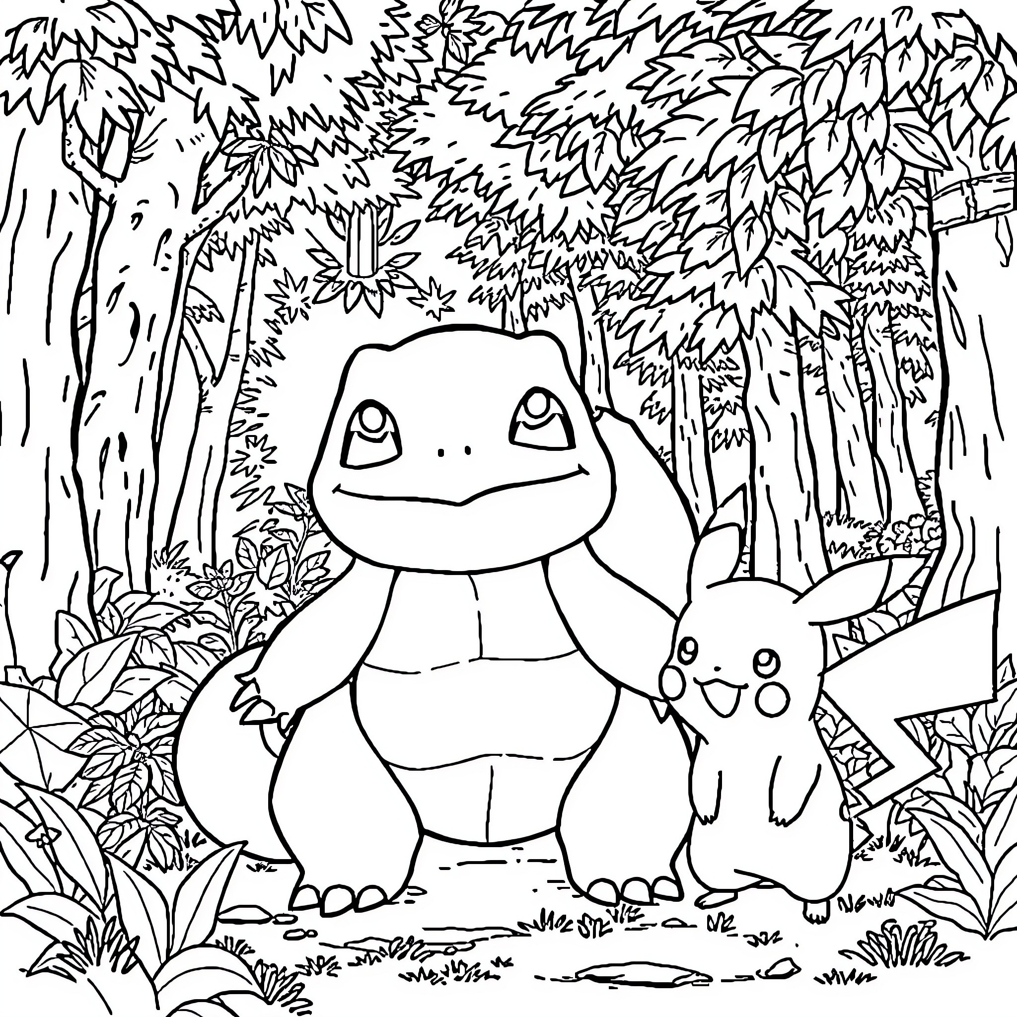 Bulbasaur exploring the lush forest with its companion Coloring Page (free black-and-white line drawing printable PDF for all, from beginners to advanced learners, including children, teens, adults, and seniors)