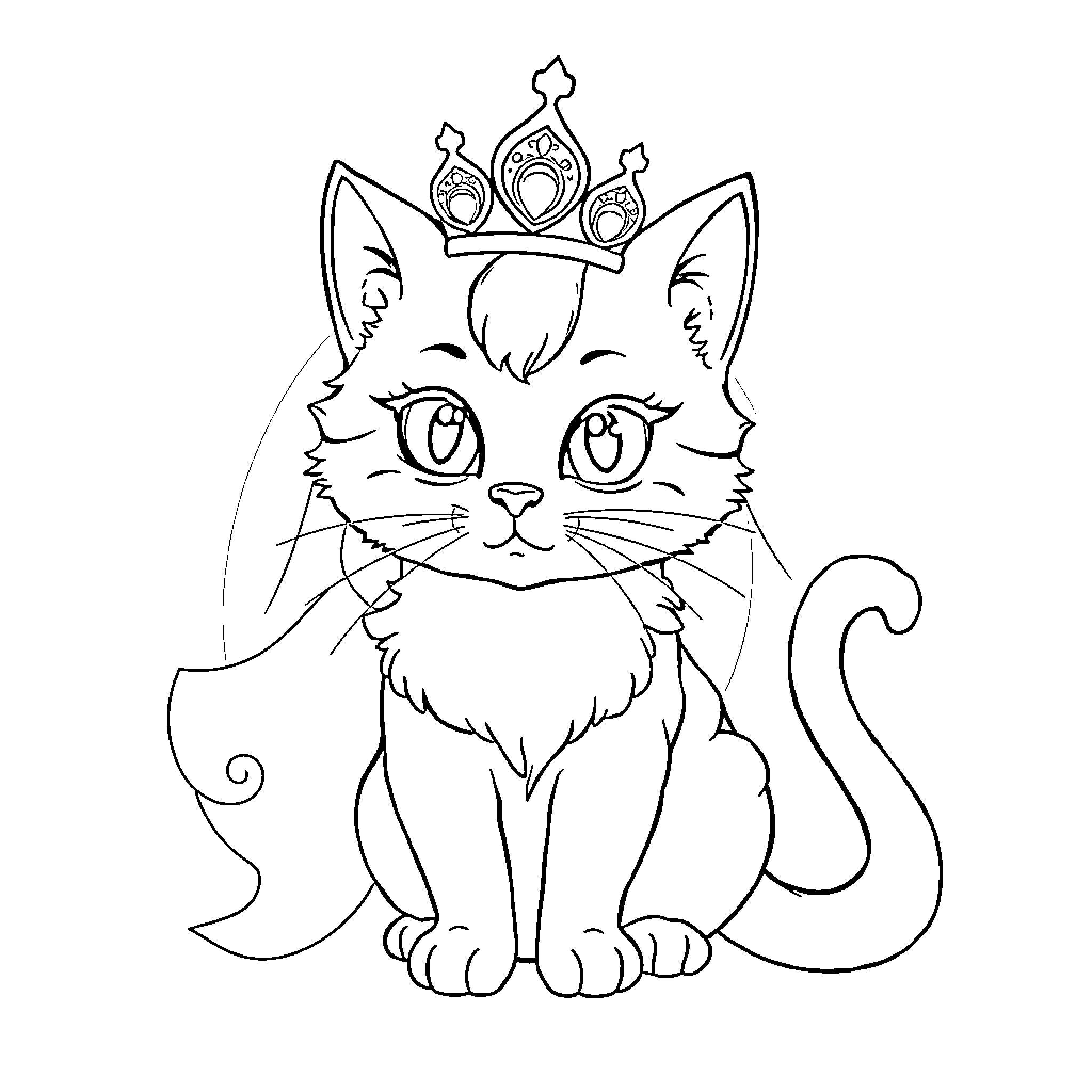 Princess Cat with Regal Crown Coloring Page (free black-and-white line drawing printable PDF for all, from beginners to advanced learners, including children, teens, adults, and seniors)