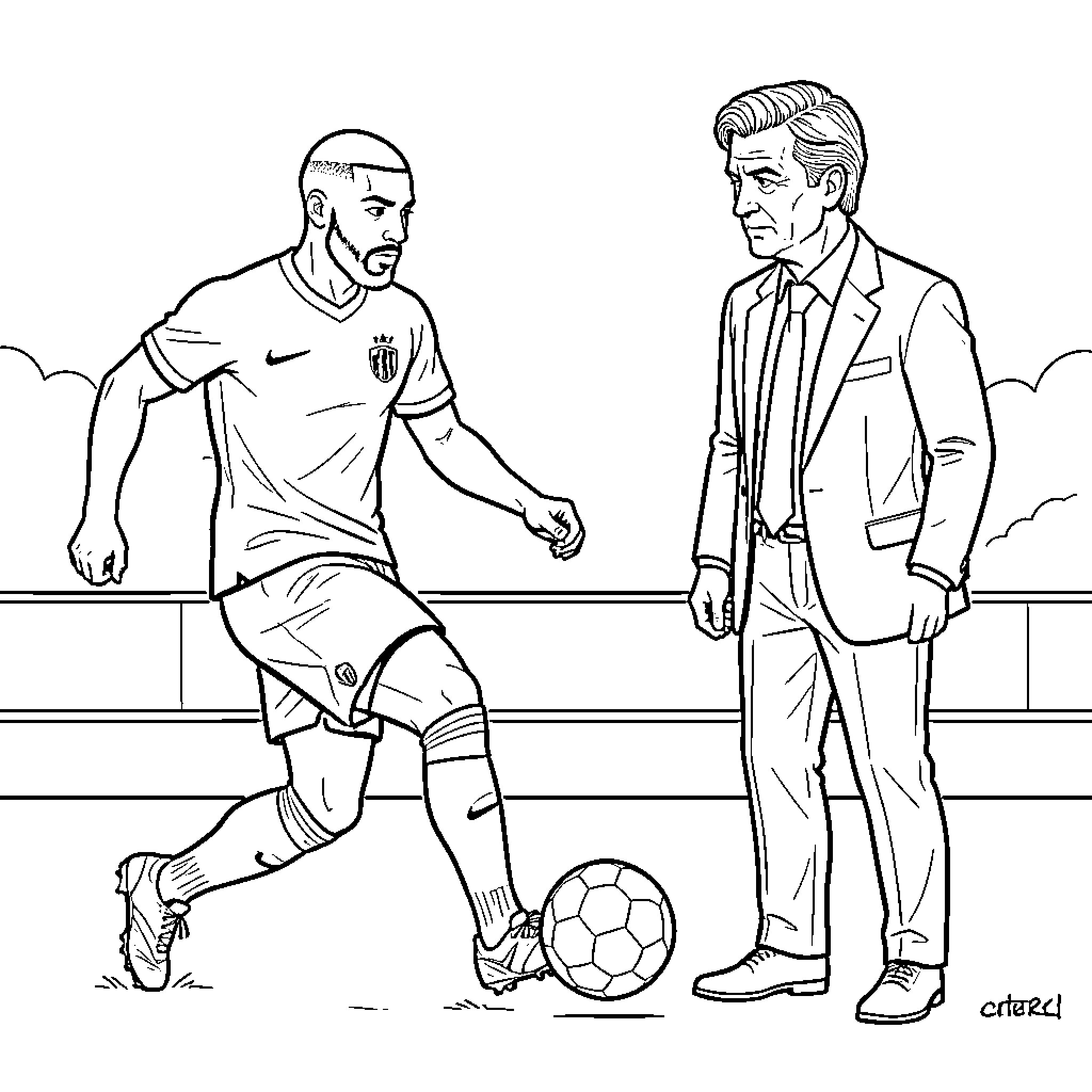 Mbappe dribbling a soccer ball past a coach Coloring Page (free black-and-white line drawing printable PDF for all, from beginners to advanced learners, including children, teens, adults, and seniors)