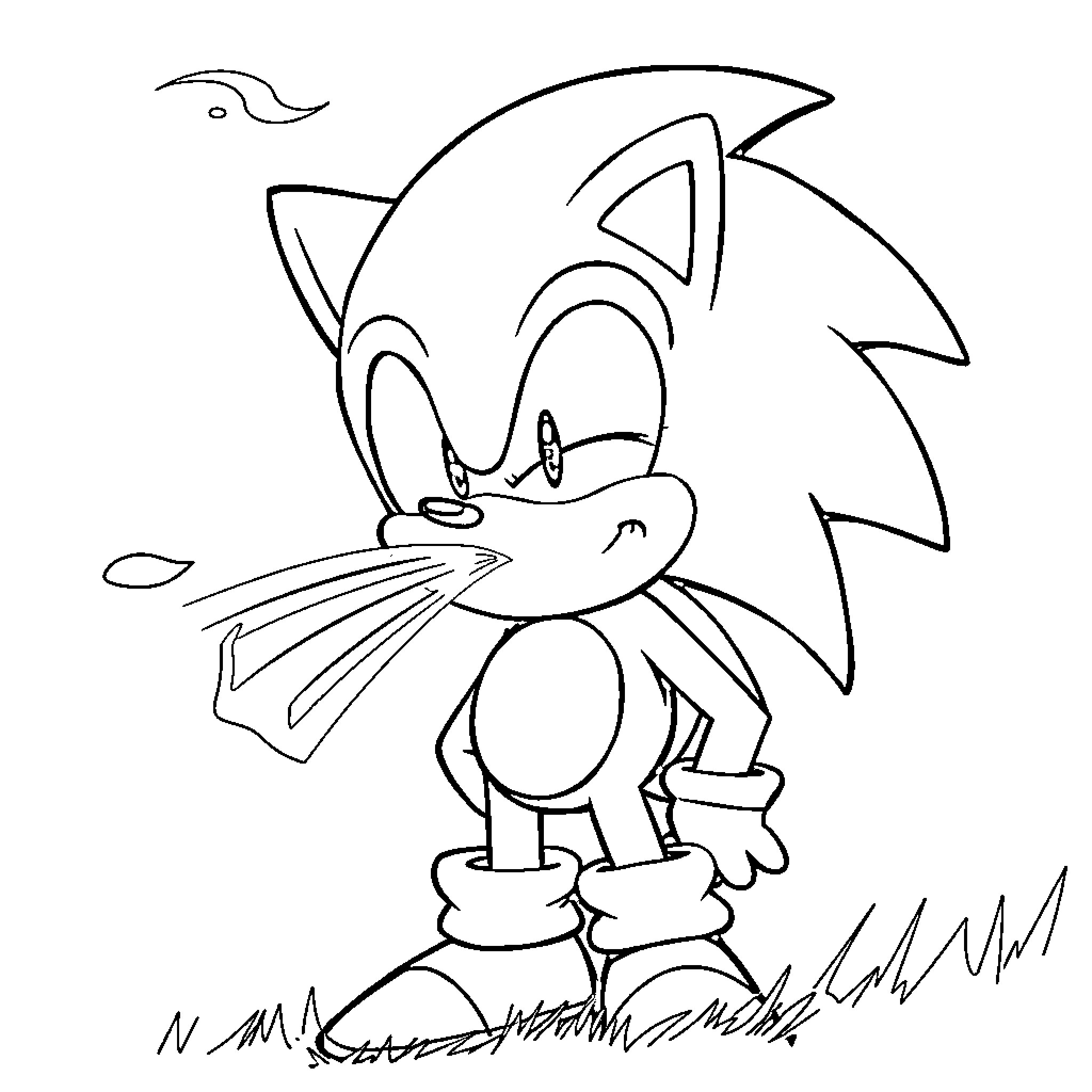 Sonic character in a playful outdoor scene Coloring Page (free black-and-white line drawing printable PDF for all, from beginners to advanced learners, including children, teens, adults, and seniors)