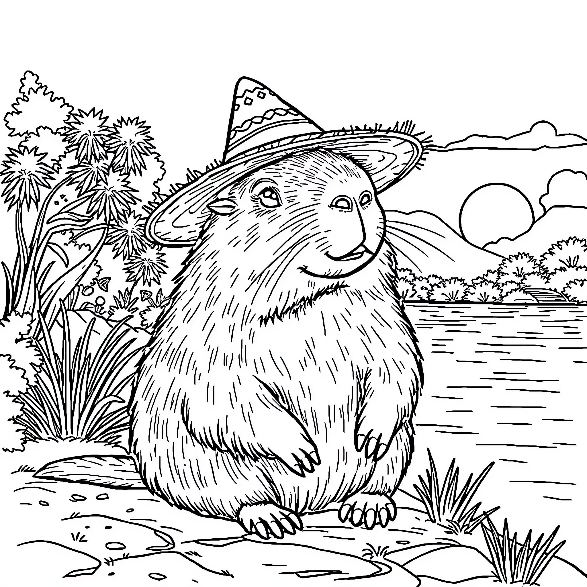 Capybara enjoying a scenic landscape Coloring Page (free black-and-white line drawing printable PDF for all, from beginners to advanced learners, including children, teens, adults, and seniors)