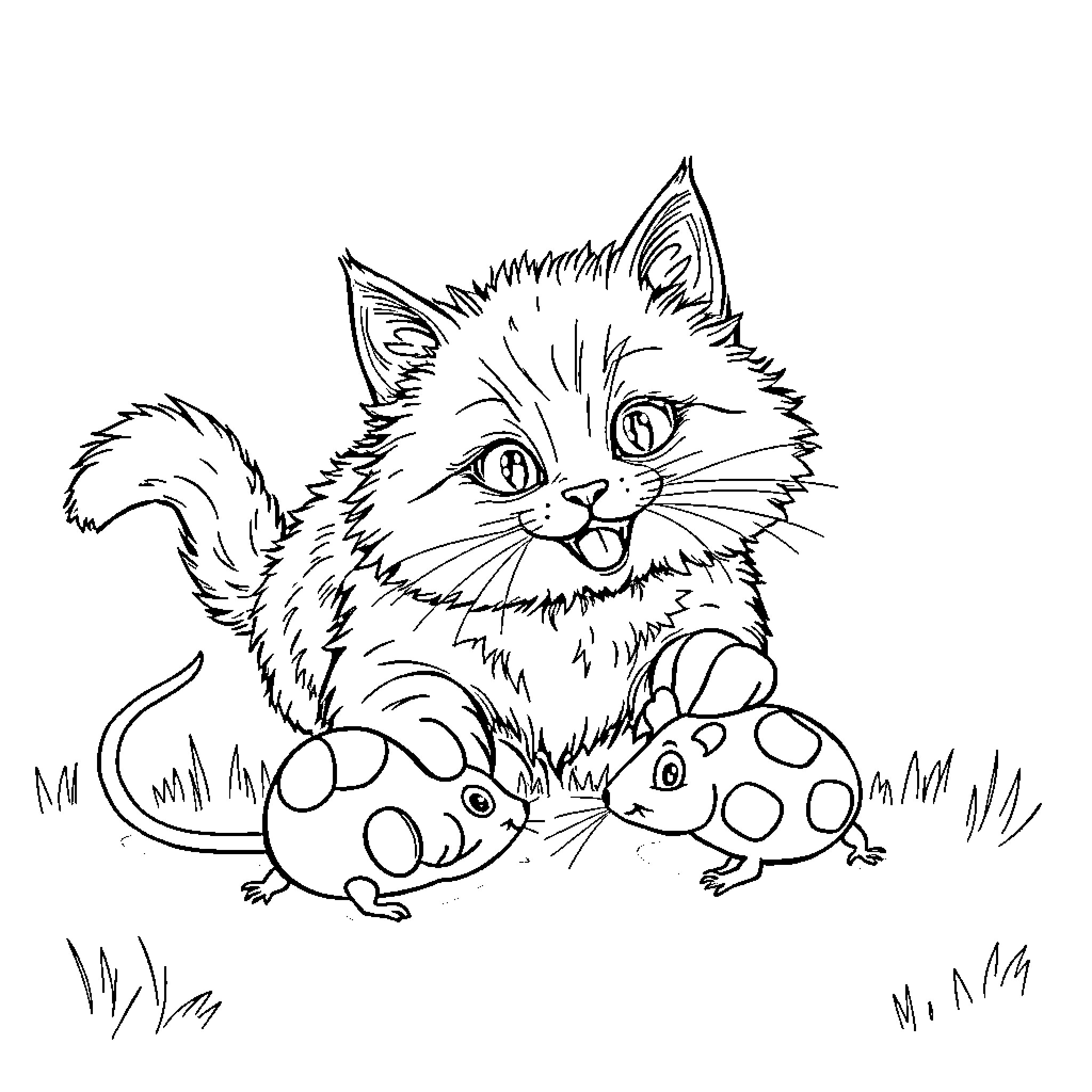 Cat chasing curious mouse in grassy field Coloring Page (free black-and-white line drawing printable PDF for all, from beginners to advanced learners, including children, teens, adults, and seniors)