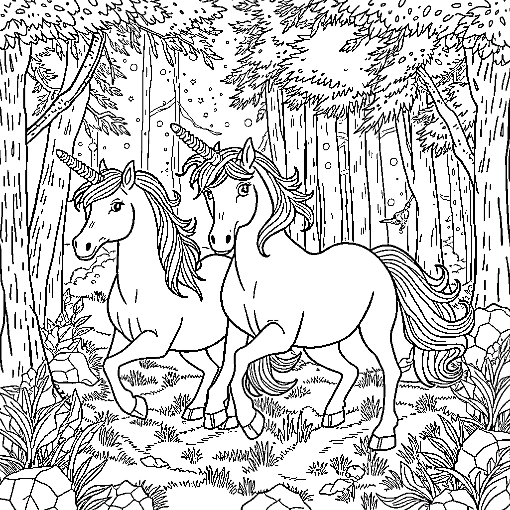 Unicorn Pair Exploring Enchanted Forest Coloring Page (free black-and-white line drawing printable PDF for all, from beginners to advanced learners, including children, teens, adults, and seniors)