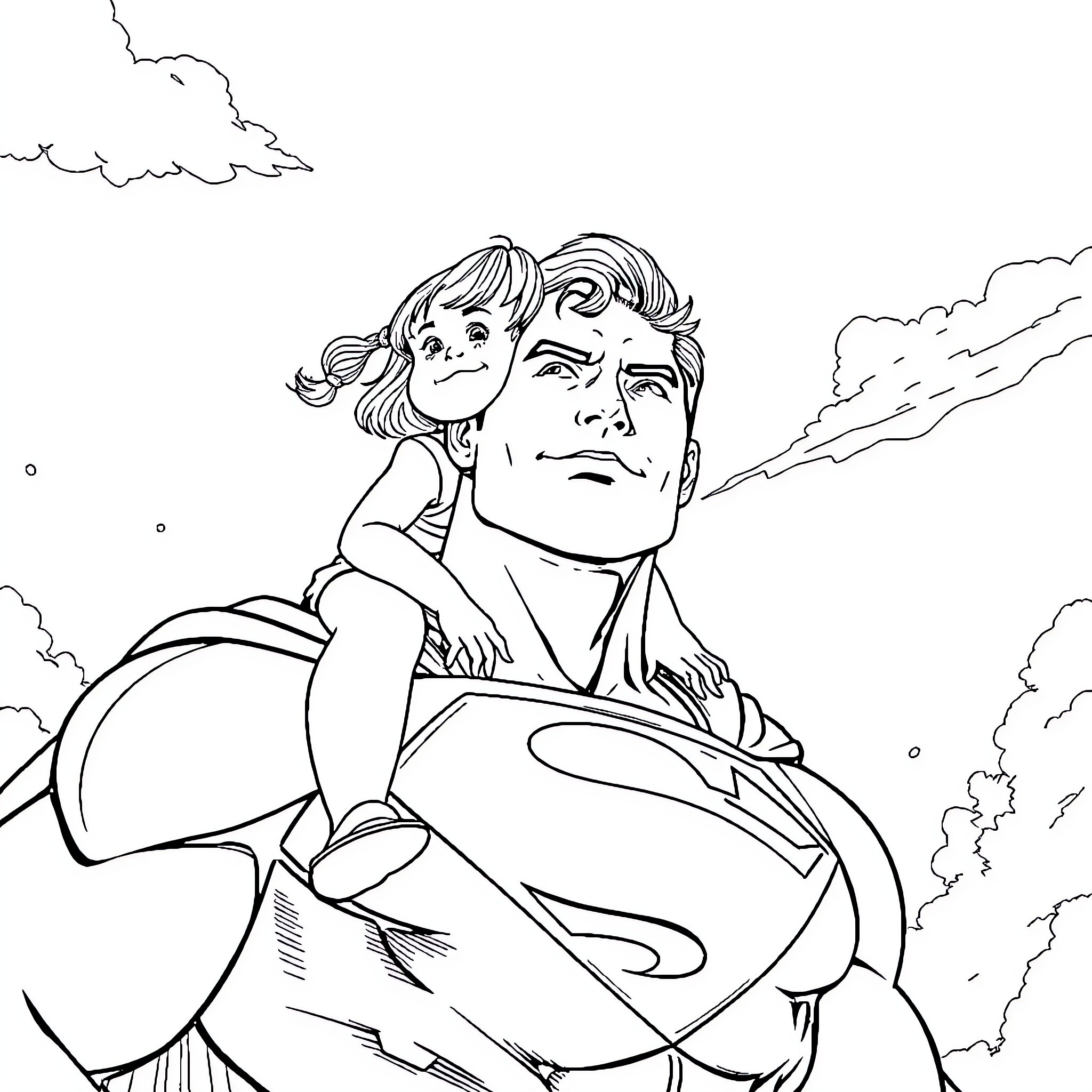 Superman rescuing a child in distress Coloring Page (free black-and-white line drawing printable PDF for all, from beginners to advanced learners, including children, teens, adults, and seniors)