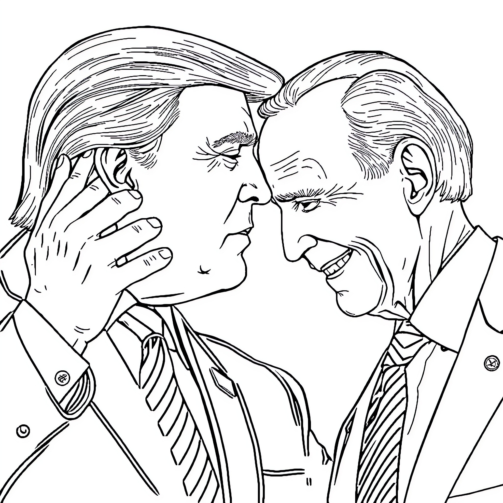 Donald Trump and another man engaged in discussion Coloring Page (free black-and-white line drawing printable PDF for all, from beginners to advanced learners, including children, teens, adults, and seniors)