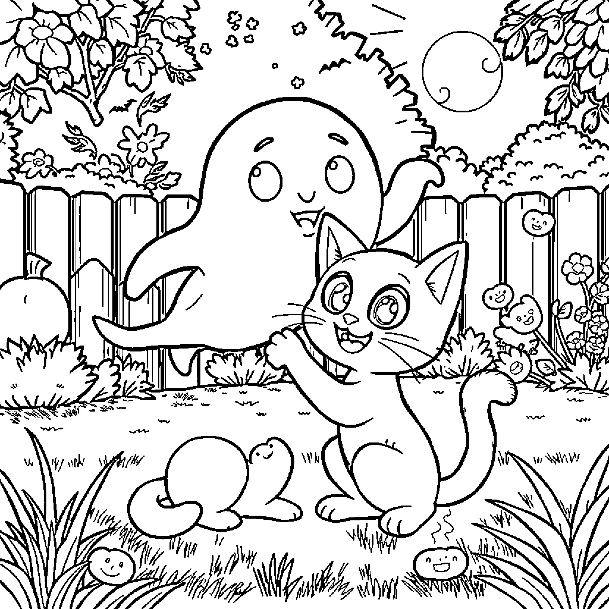 Cat and cute creature in a nature scene Coloring Page (free black-and-white line drawing printable PDF for all, from beginners to advanced learners, including children, teens, adults, and seniors)