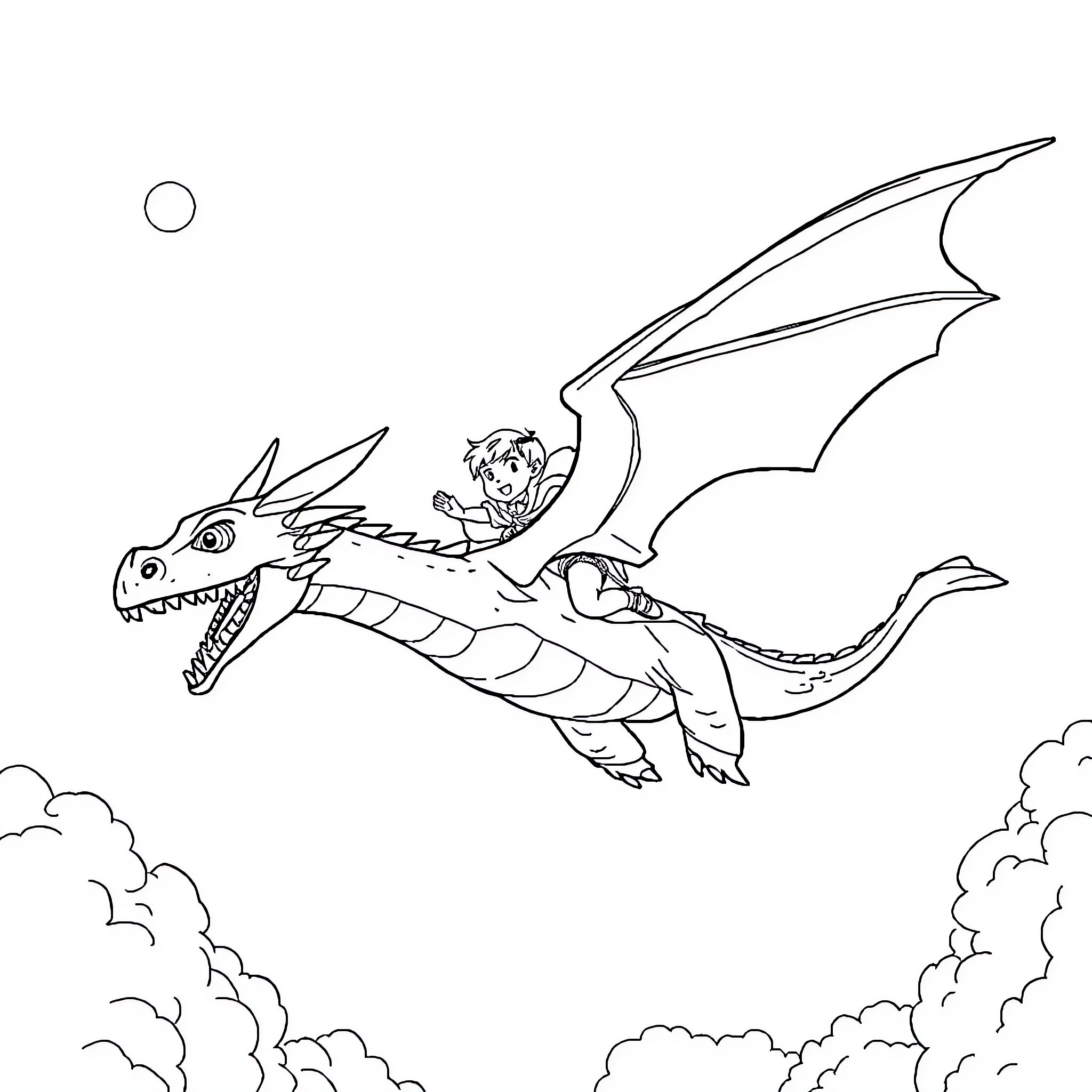 Dragon and rider soar through the clouds Coloring Page (free black-and-white line drawing printable PDF for all, from beginners to advanced learners, including children, teens, adults, and seniors)