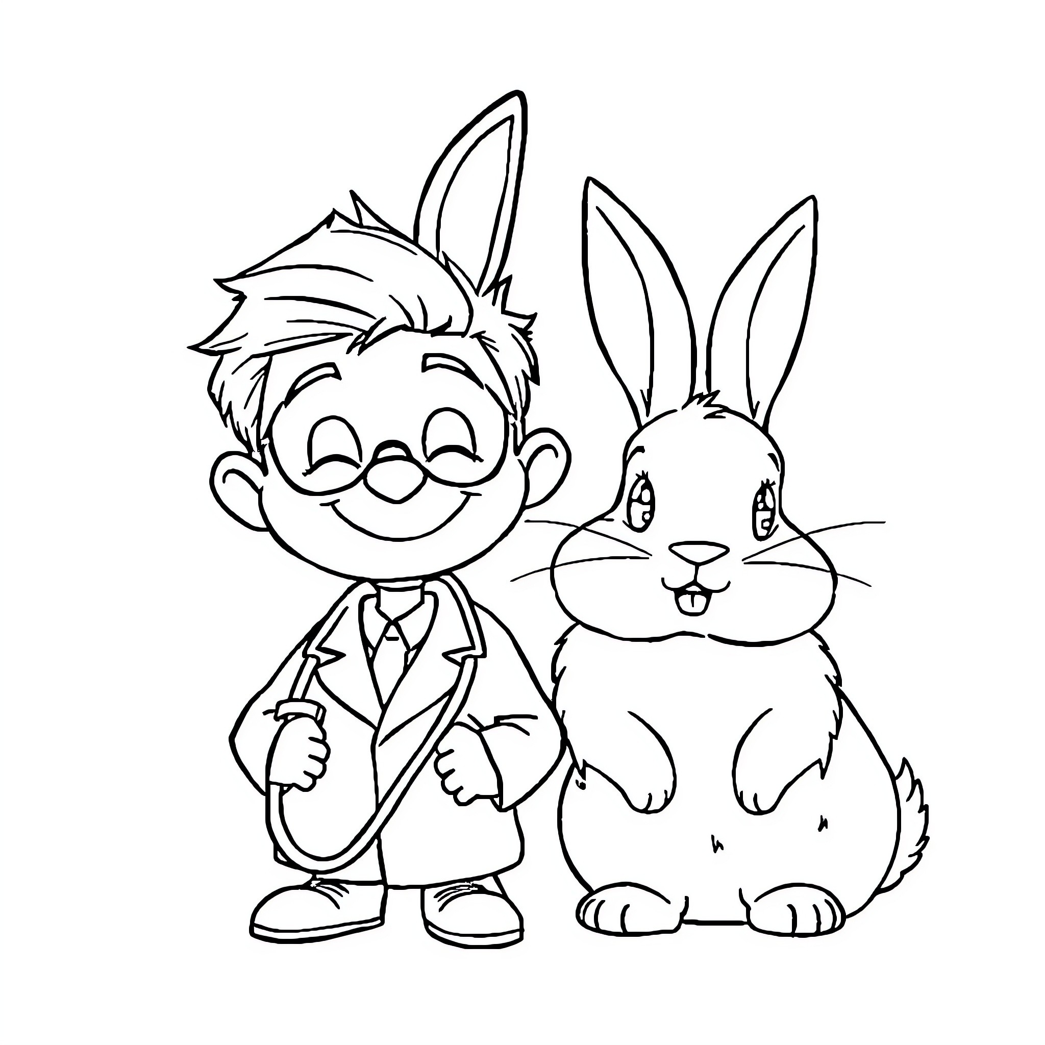 Doc Cartoon Boy and Rabbit in Formal Outfits Coloring Page (free black-and-white line drawing printable PDF for all, from beginners to advanced learners, including children, teens, adults, and seniors)