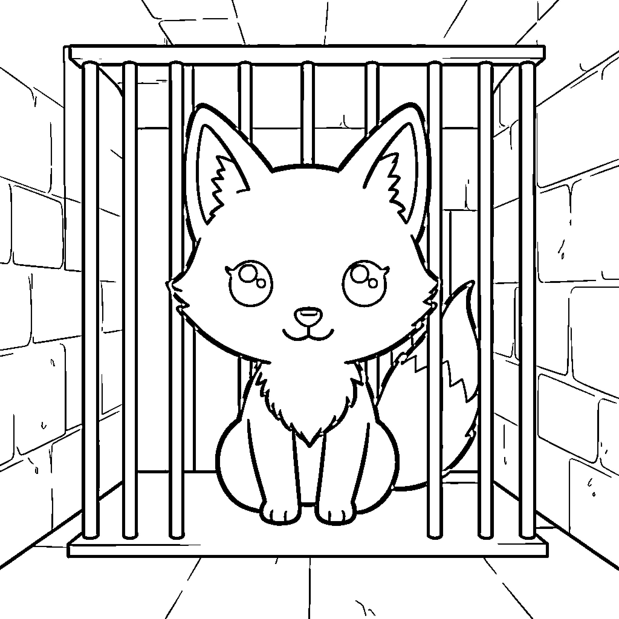 Fox in Cage Expressing Emotions Coloring Page (free black-and-white line drawing printable PDF for all, from beginners to advanced learners, including children, teens, adults, and seniors)