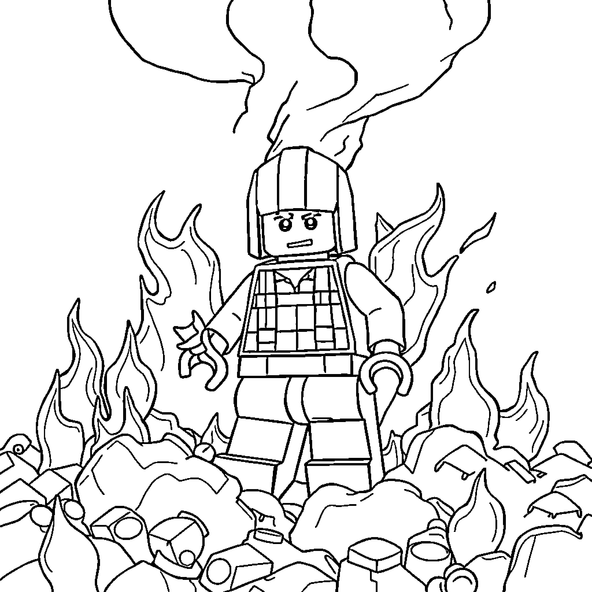 Lego firefighter battling flames Coloring Page (free black-and-white line drawing printable PDF for all, from beginners to advanced learners, including children, teens, adults, and seniors)