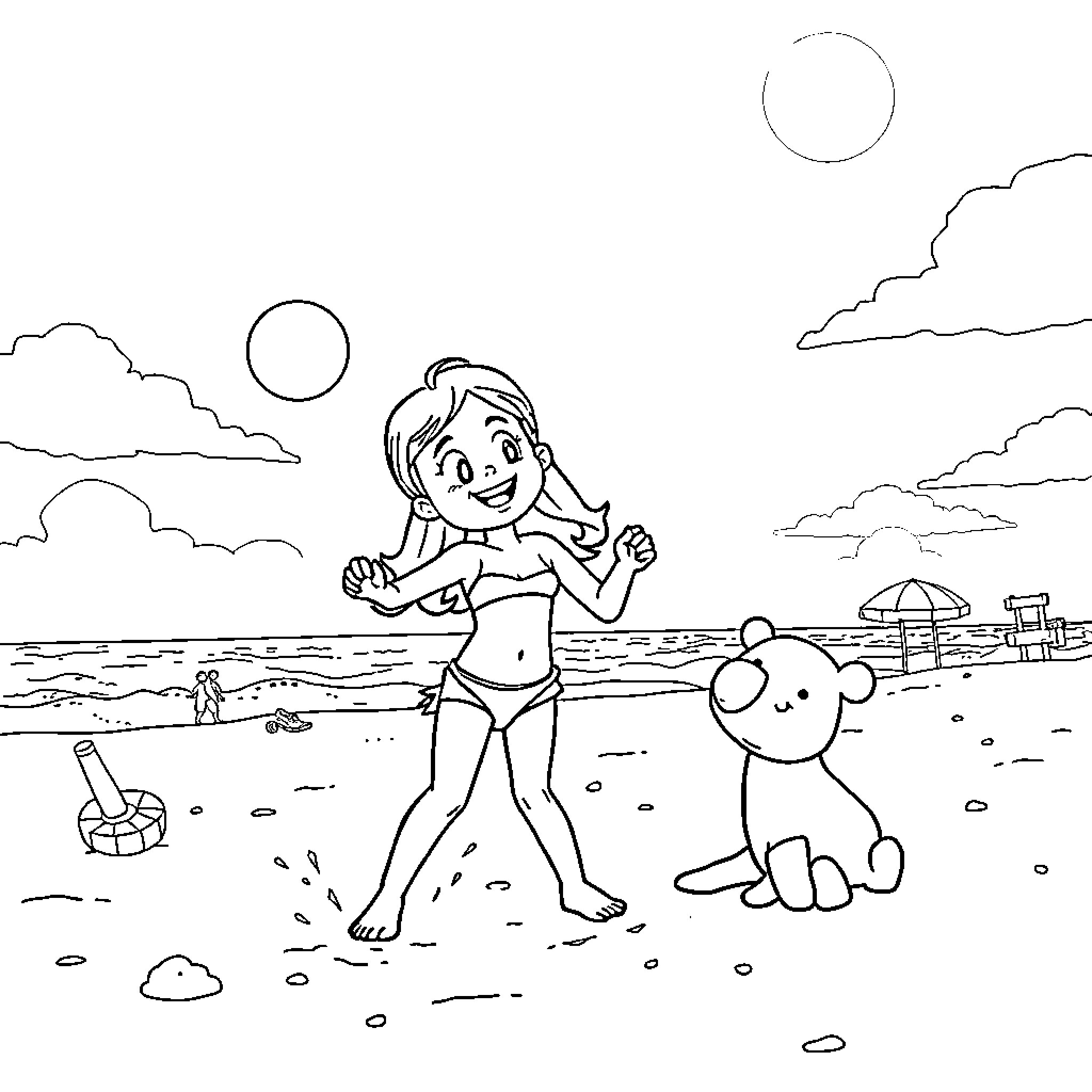 Gaby playing joyfully on the beach with her pet Coloring Page (free black-and-white line drawing printable PDF for all, from beginners to advanced learners, including children, teens, adults, and seniors)