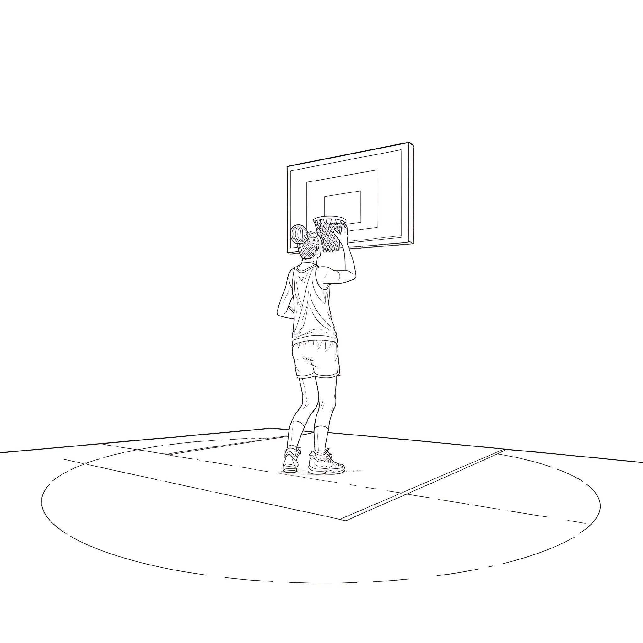Caitlin Clark taking a shot at the basketball hoop Coloring Page (free black-and-white line drawing printable PDF for all, from beginners to advanced learners, including children, teens, adults, and seniors)