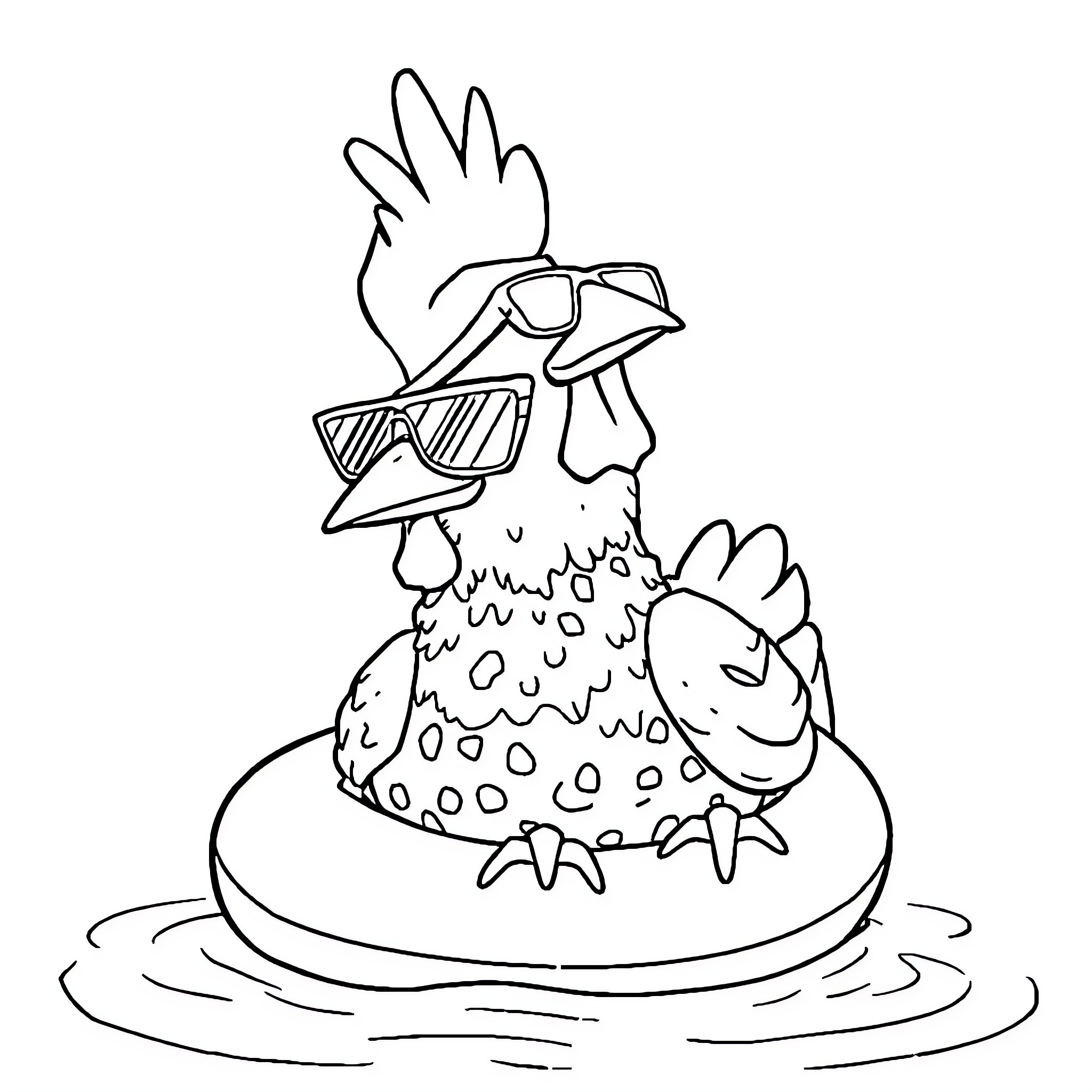 Chicken wearing sunglasses and relaxing in water Coloring Page (free black-and-white line drawing printable PDF for all, from beginners to advanced learners, including children, teens, adults, and seniors)