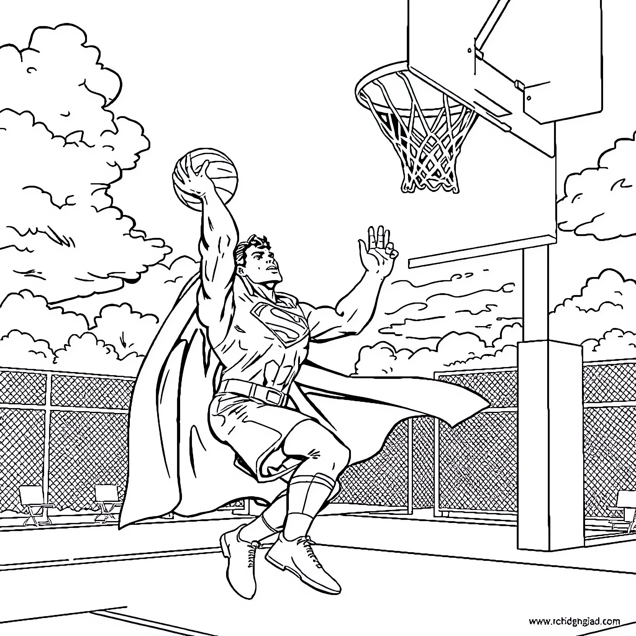 Superman slam dunking a basketball on the court Coloring Page (free black-and-white line drawing printable PDF for all, from beginners to advanced learners, including children, teens, adults, and seniors)