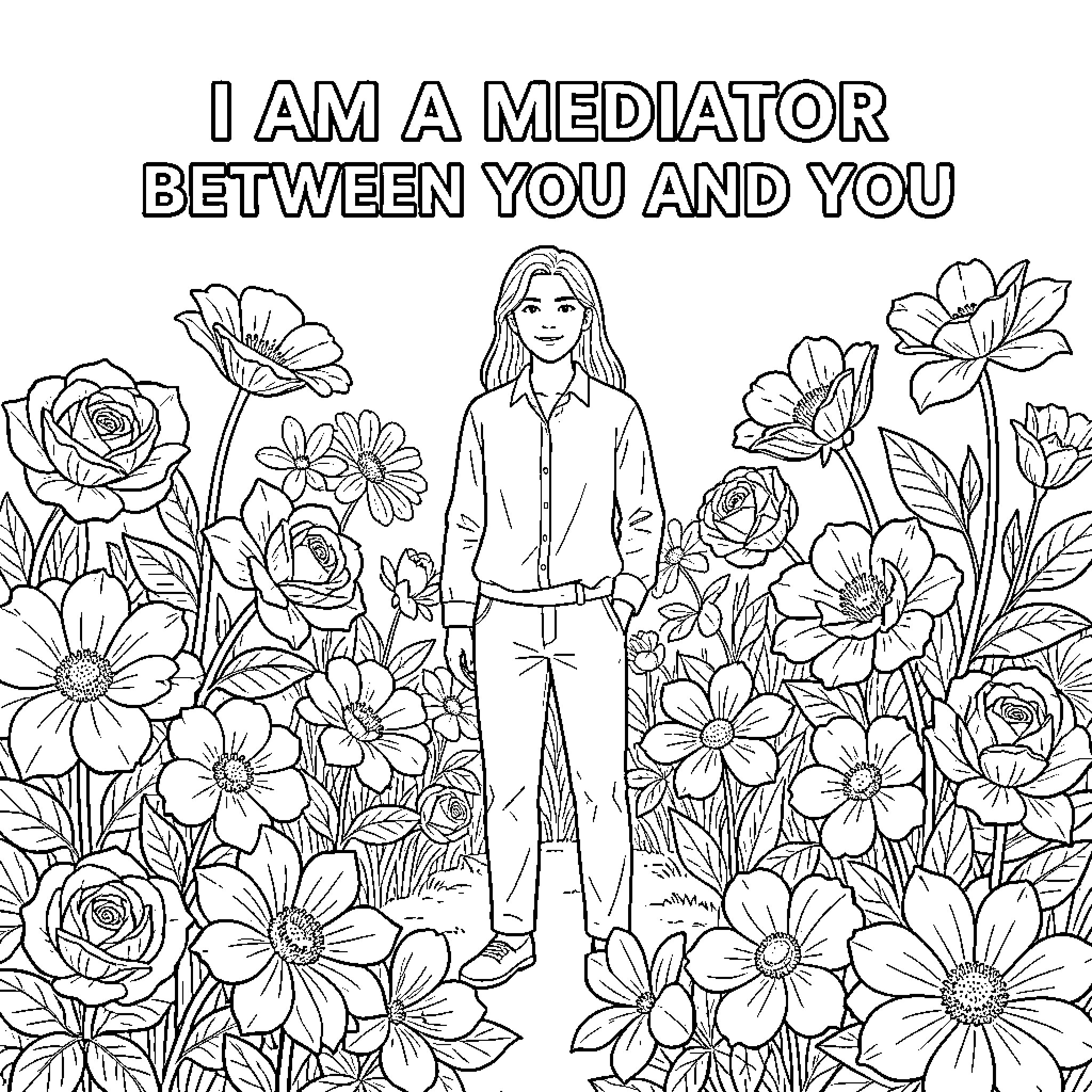 Flower garden with a figure standing among blooming roses and peonies Coloring Page (free black-and-white line drawing printable PDF for all, from beginners to advanced learners, including children, teens, adults, and seniors)